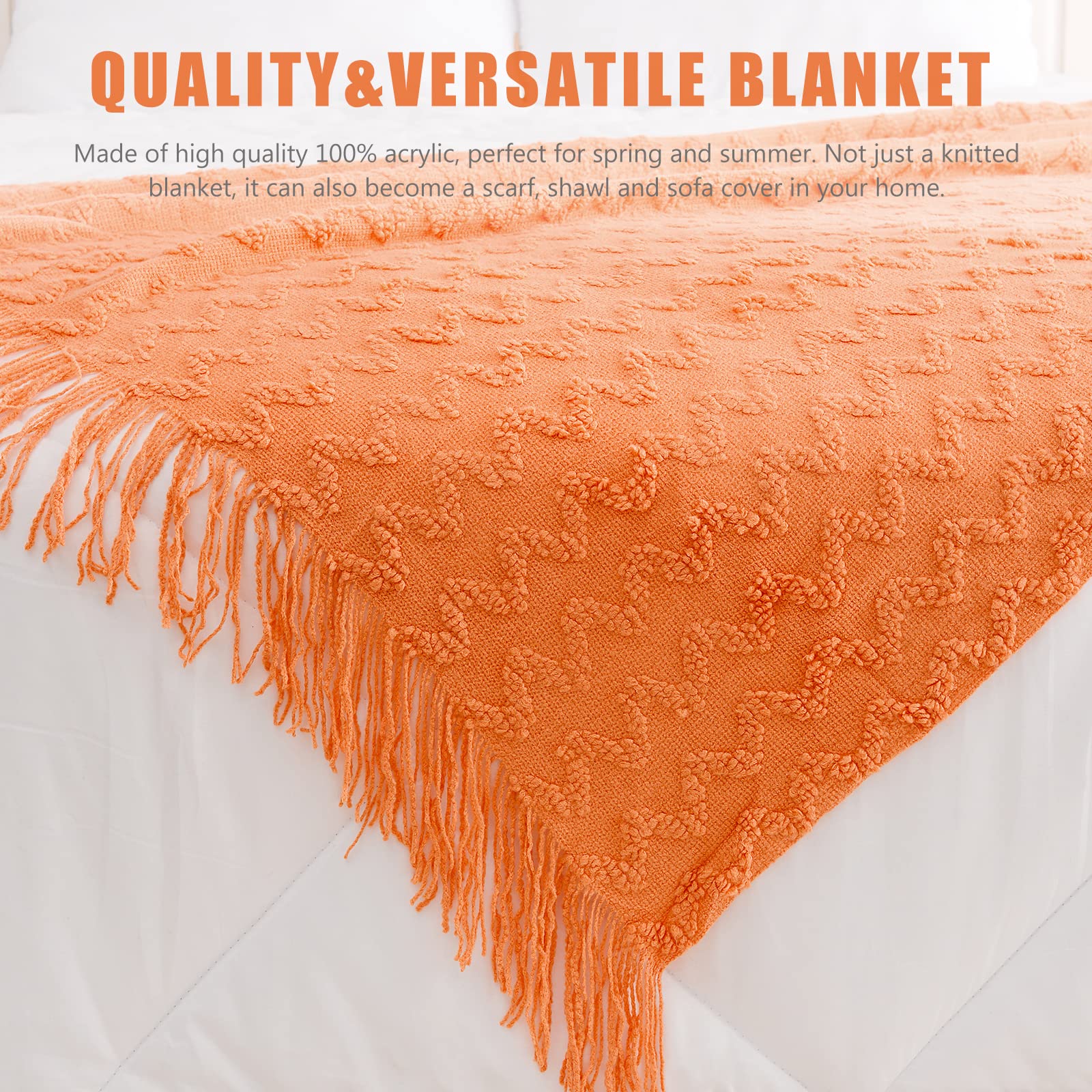 Quinnsus Knit Throw Blanket - Soft Lightweight Decorative Jacquard Textured Boho Blanket with Tassels for Bed, Sofa & Living Room - Perfect for Summer, Cozy Nights & Home Decor (Orange, 50x60 Inches)