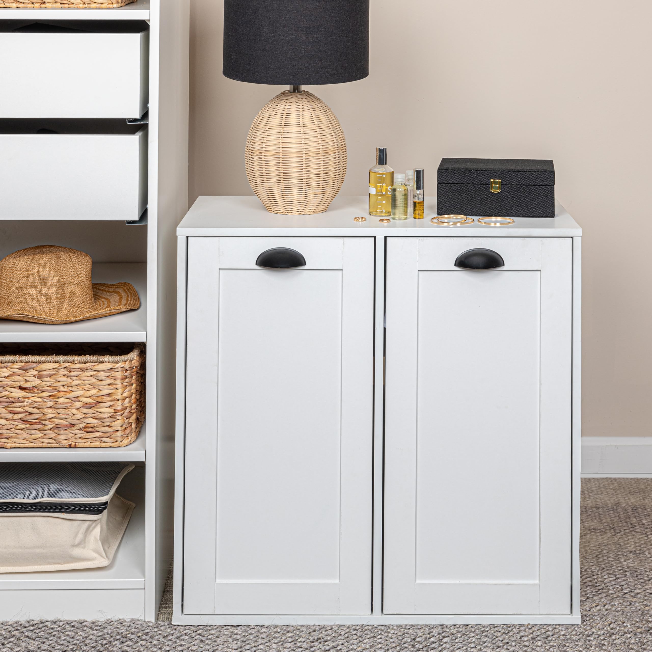 Scandinavian White Laundry Sorter Cabinet - 3-Bag Hamper with Wheels for Bedroom, Closet & Laundry Room Organization | Space-Saving Storage Solution for Towels, Clothes & Linens