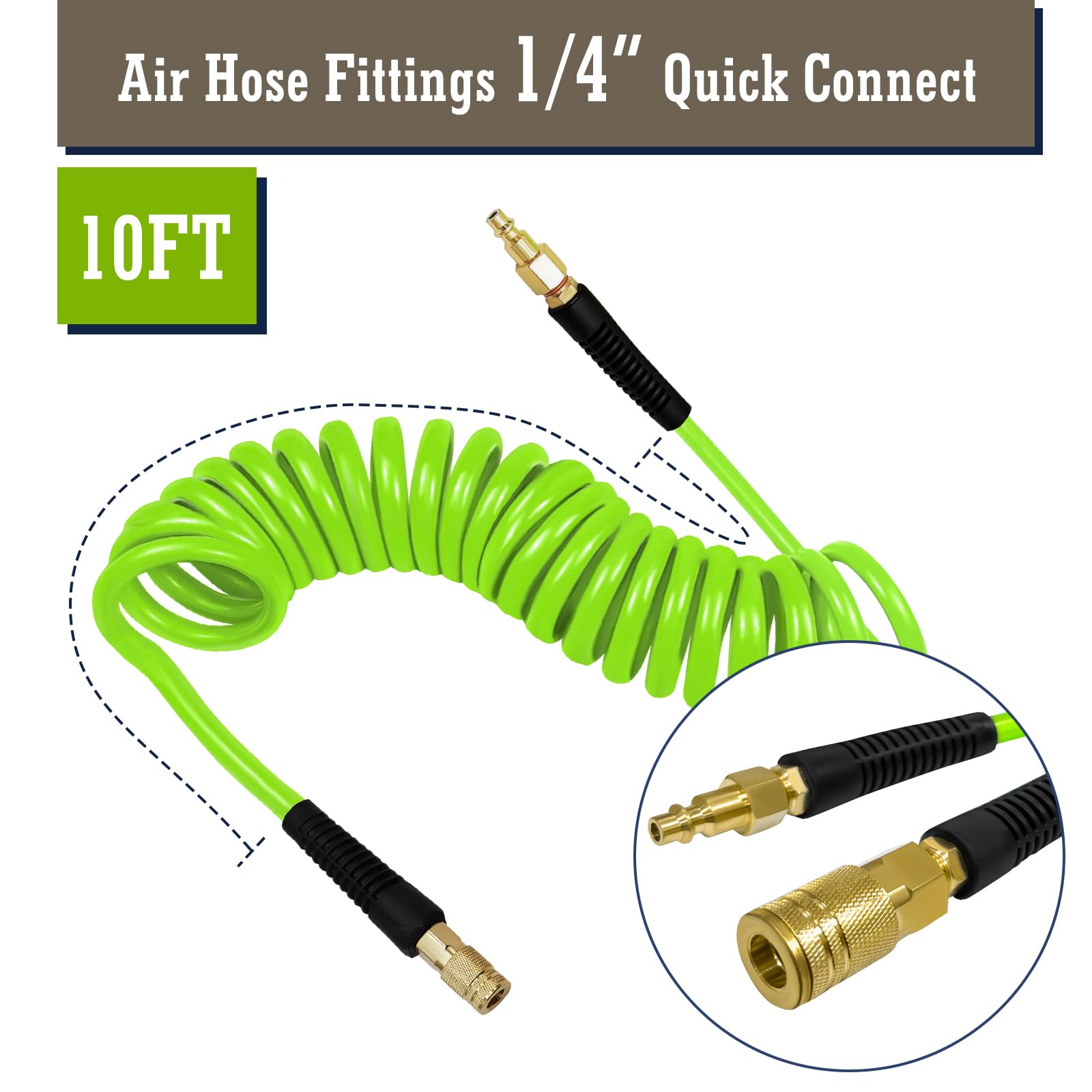 1/4 in x 10 ft Coiled PU Air Hose with Bend Restrictor - Heavy Duty Air Compressor Hose with 1/4