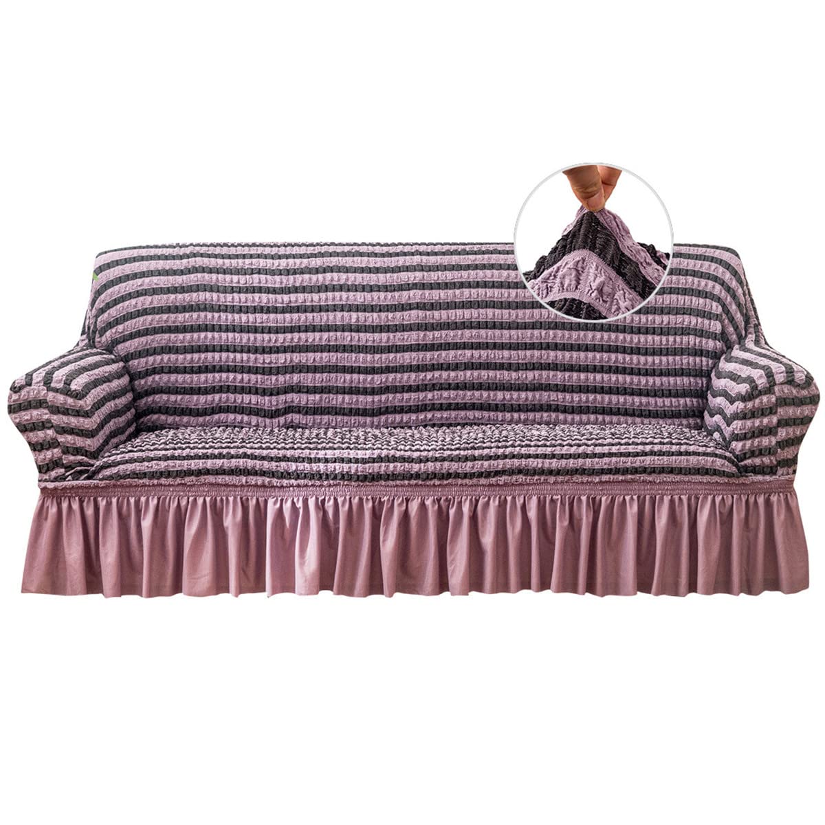 Stretch Sofa Slipcover - Washable Couch Cover with Elastic Bottom & Skirt - Furniture Protector for Sofa & Bed - Easy Fit (Striped Purple, Large) - Perfect for Living Room, Bedroom & Home Decor Protection