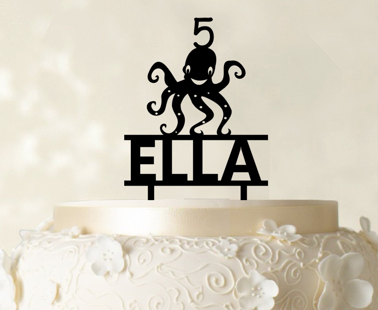 Custom Name Cake Topper with Octopus Figure - Glitter Birthday Cake Decorations (6-7 Inches Wide, Multiple Colors) | Perfect for Birthday Parties, Baby Showers & Wedding Cakes