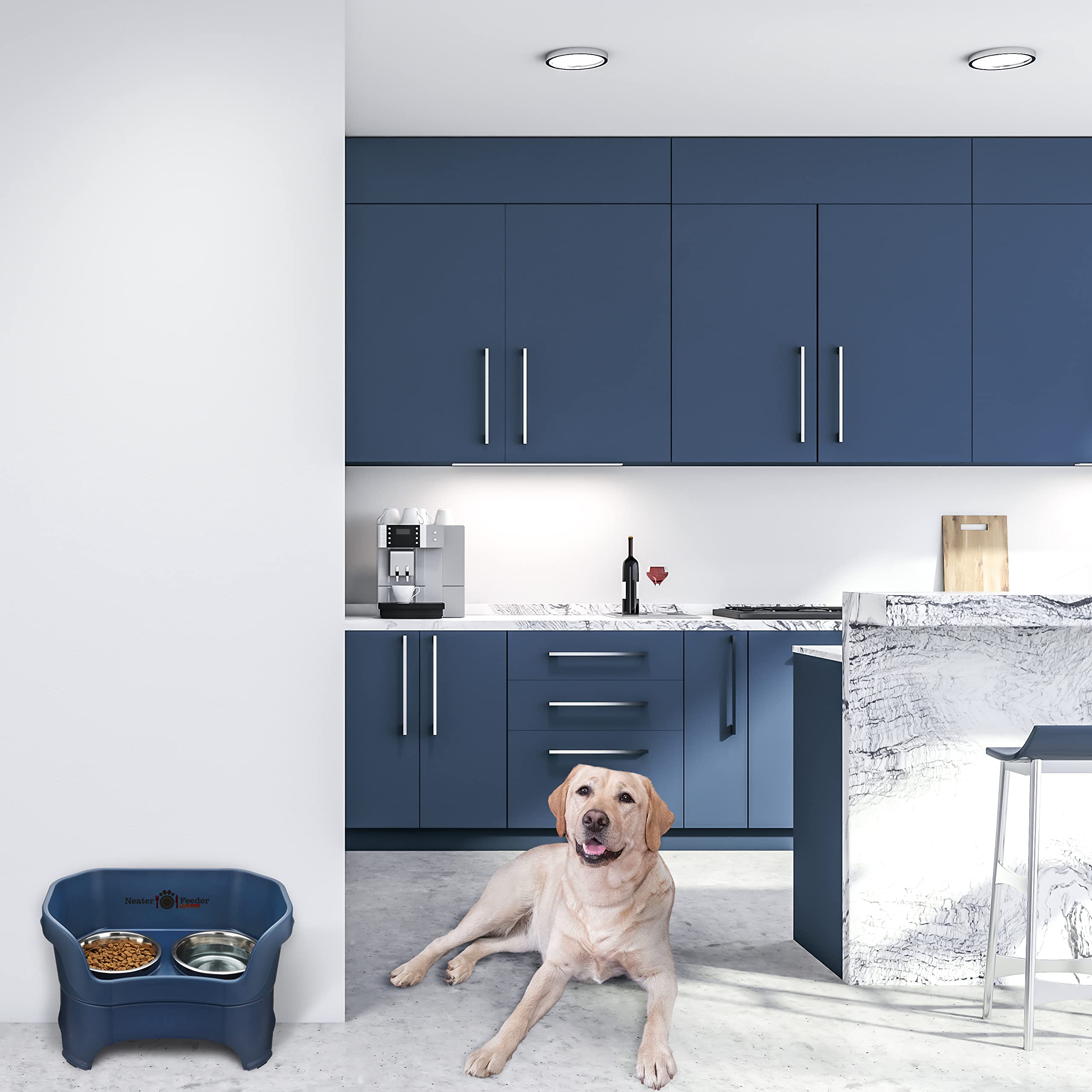 Neater Feeder Deluxe Elevated Dog Bowls for Large Breeds – No Spill Stainless Steel Pet Food & Water Bowl Set – Mess Proof Feeding Station (Dark Blue, Made in USA) – Perfect for Indoor/Outdoor Use & Easy Cleanup