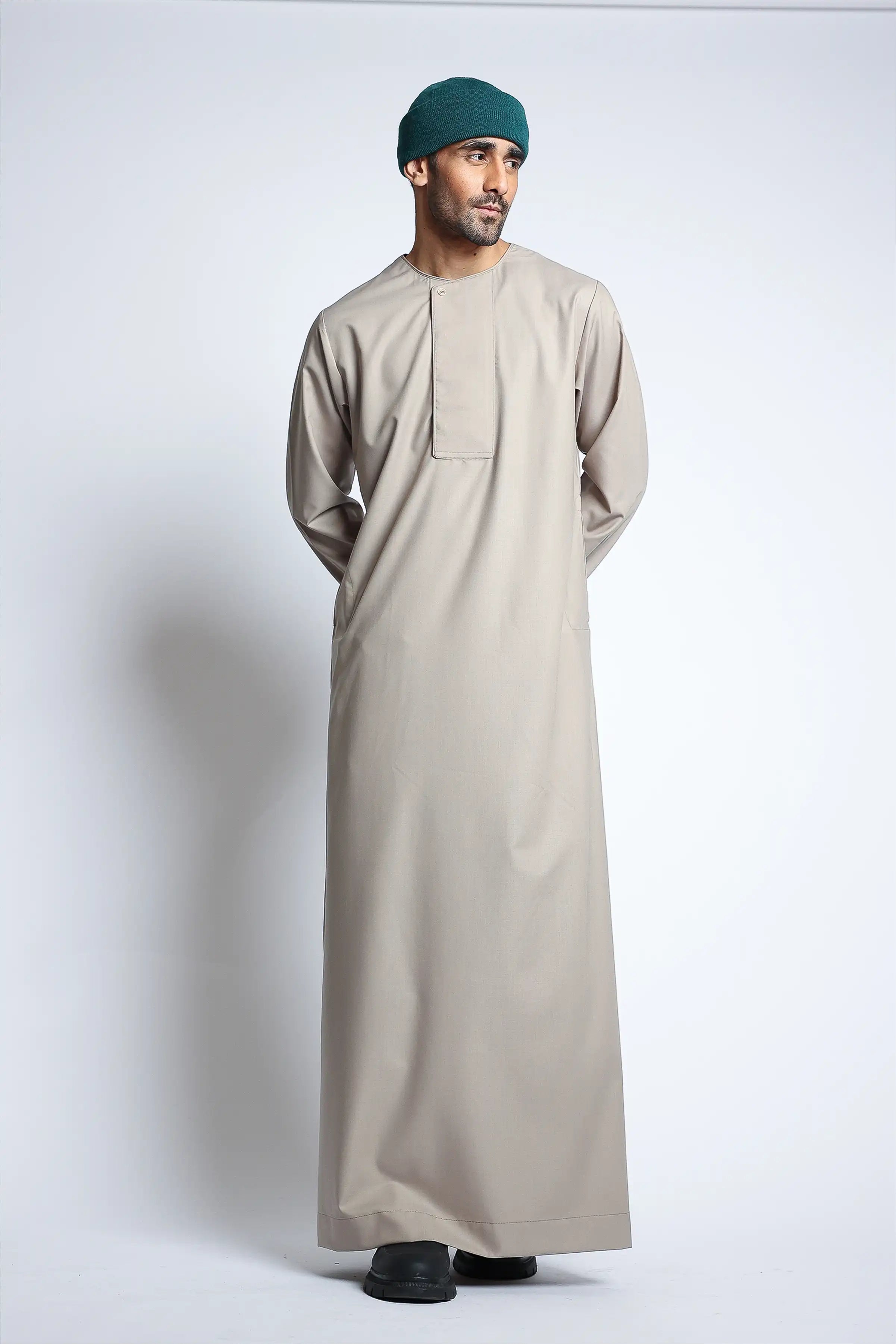 Light Almond Piping Thobe for Men - Traditional Islamic Jilbab with Embroidery - Perfect for Eid, Ramadan & Special Occasions