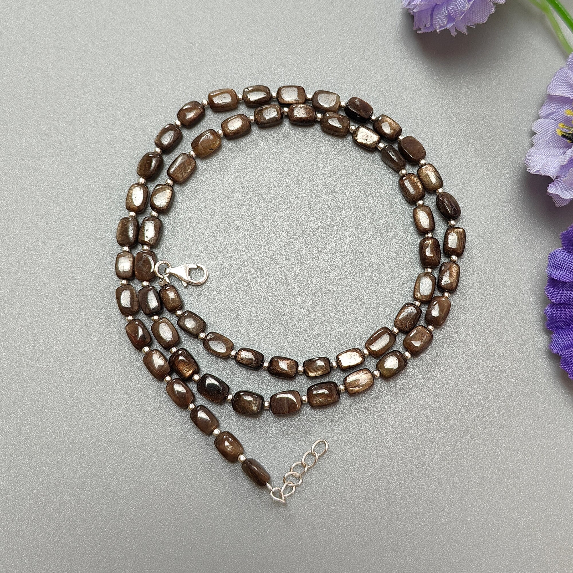 Golden Brown Chocolate Sapphire Gemstone Beads Necklace - 925 Sterling Silver with Natural Plain Cushion Sapphire (5x4mm & 6x5mm) - 18.31g Elegant Jewelry for Women, Perfect for Weddings, Parties & Special Occasions