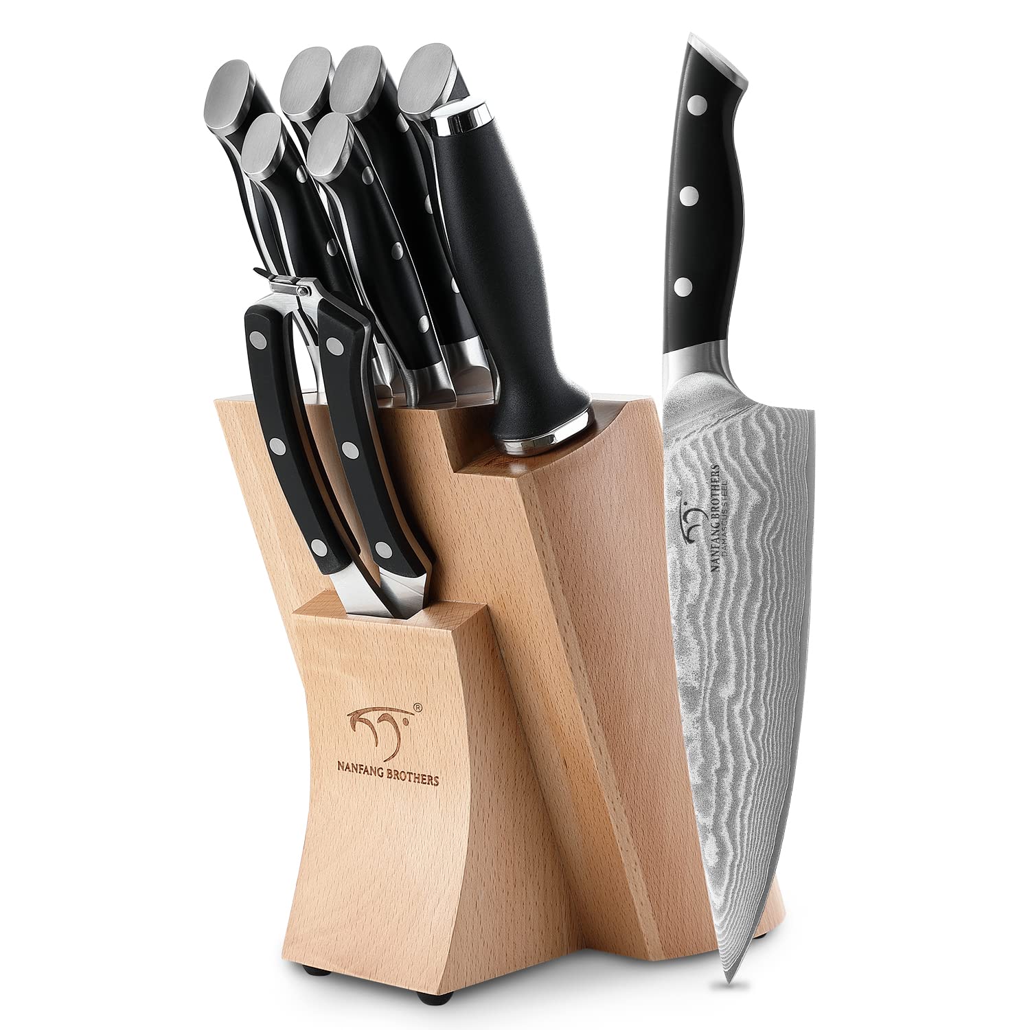 Premium 9-Piece Damascus Steel Knife Set with Block - Chef Knives, Sharpener & Kitchen Shears - Ergonomic ABS Handles - Perfect for Home Chefs & Professional Kitchens - Ideal for Slicing, Dicing & Food Prep