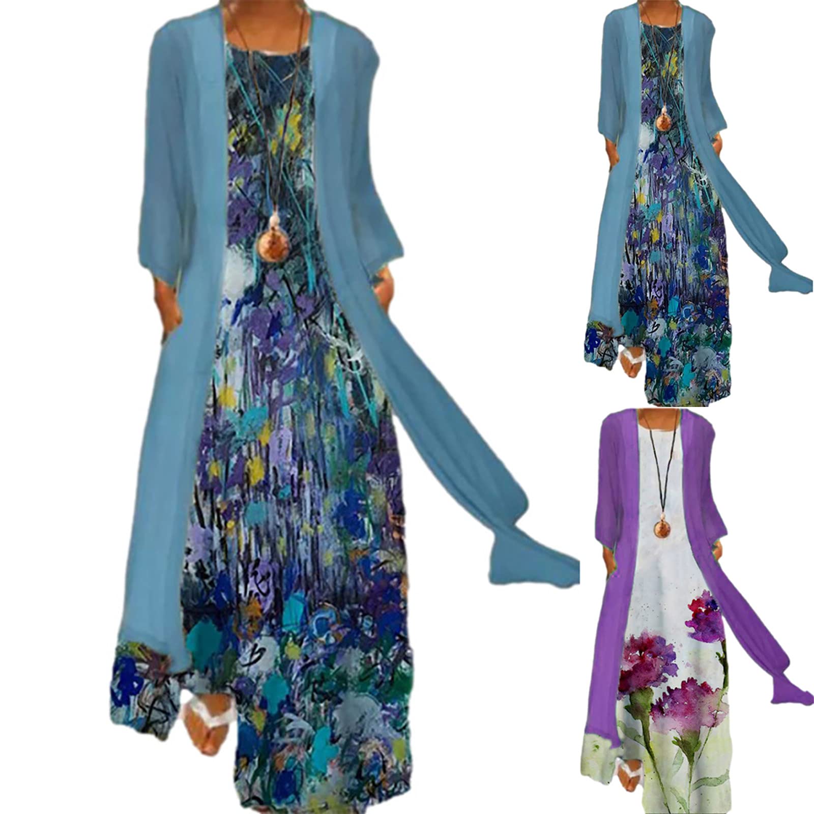 Women's Summer Dresses Flowy Floral Print Two-Piece Set - Chiffon Plus Size Sleeveless Dress with Crewneck for Wedding Guest, Beach Vacation & Casual Outings