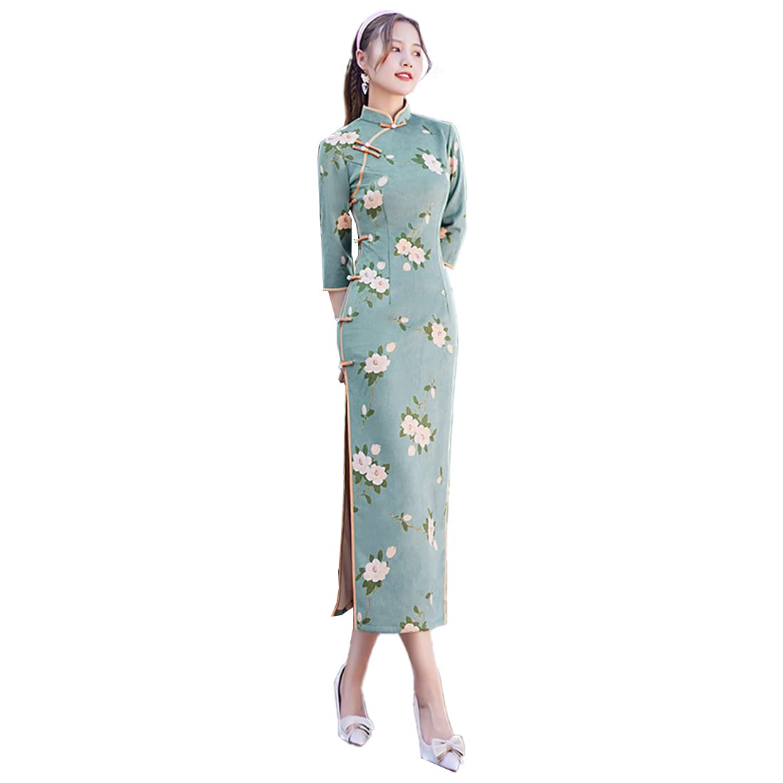 Elegant Chinese Cheongsam Dress for Women - 3/4 Sleeve Floral Print Qipao Dress for Autumn | Perfect for Tea Parties, Weddings & Cultural Events