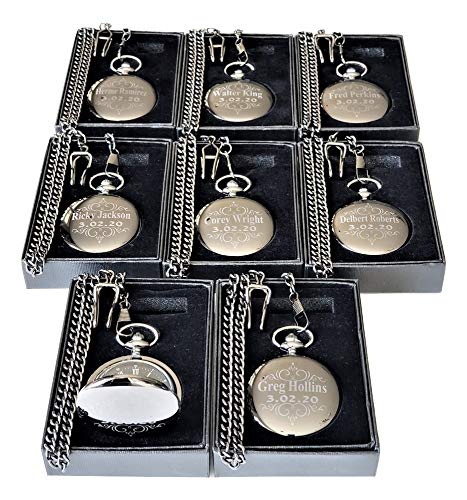 8 Personalized Engraved Pocket Watches with Chains & Gift Box - Custom Men's & Women's Vintage Style Pocket Watch Set - Perfect for Weddings, Anniversaries, Graduations & Special Gifts