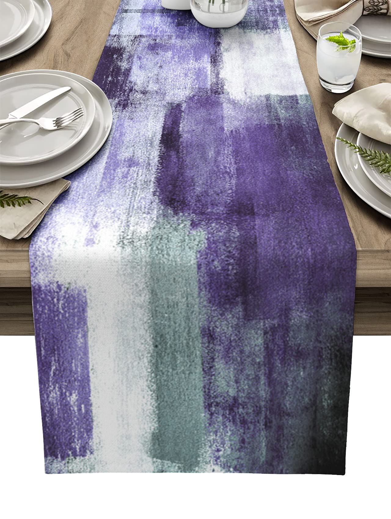 Bingigo 72-Inch Purple Abstract Art Table Runner - Modern Grey & Purple Farmhouse Kitchen Dining Table Decor for Holiday Parties & Dinner - 14x72 Inches - Perfect for Farmhouse, Boho, and Rustic Home Decor