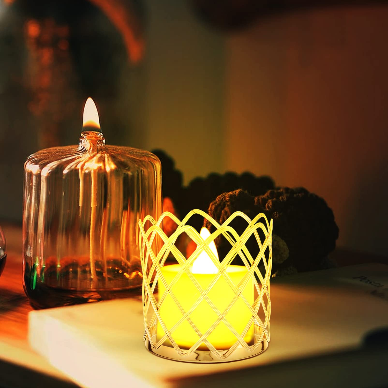2-Pack Hollow Iron Candlestick Pen Holders - Decorative Weaving Candle Stands with Geometric Design, Perfect for Home Office Desk Organizer & Romantic Dinner Table Decor