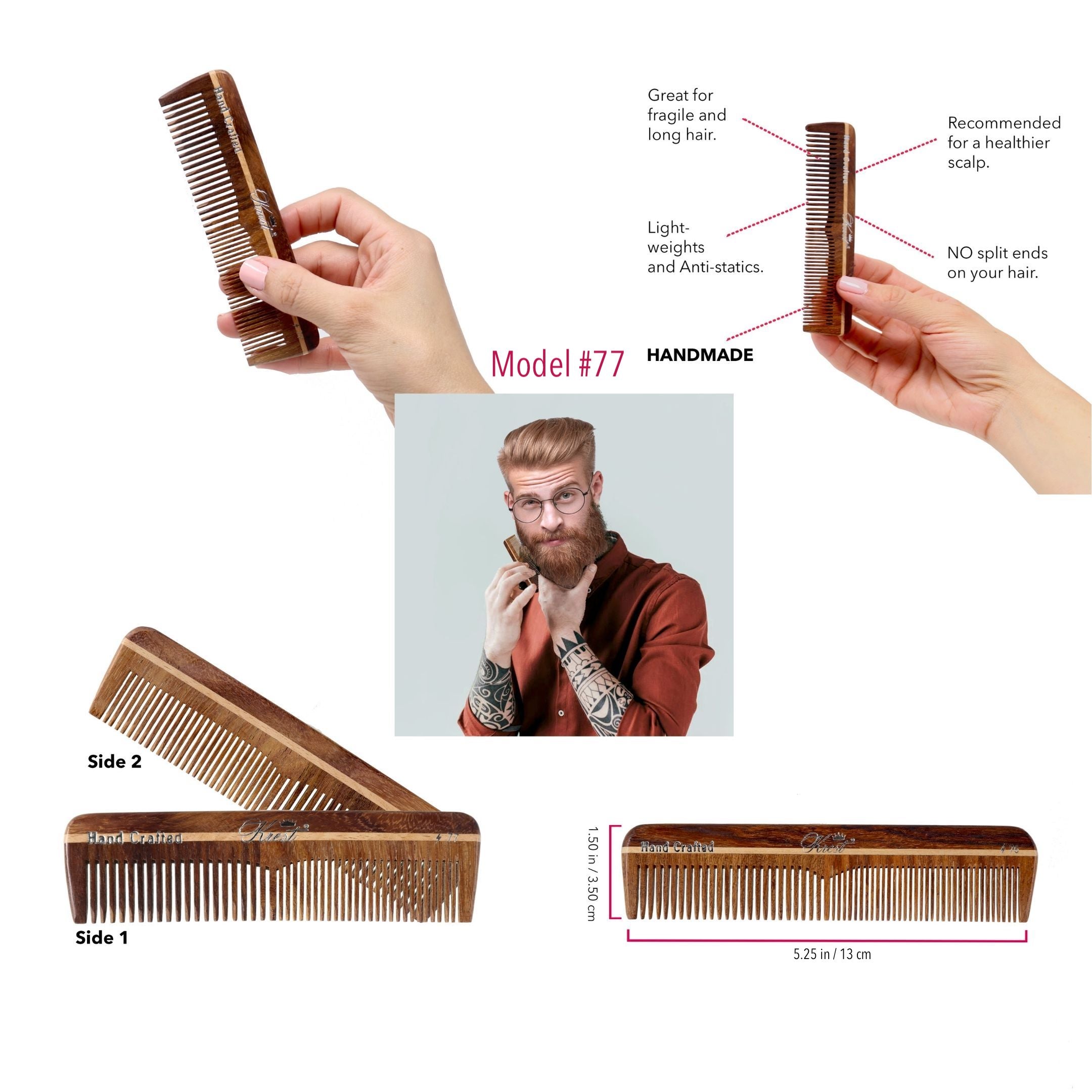 Handmade Krest Wooden Hair Comb for Men & Women - Natural Detangling & Scalp Massage - Perfect for Daily Hair Care, Travel, and Gifts