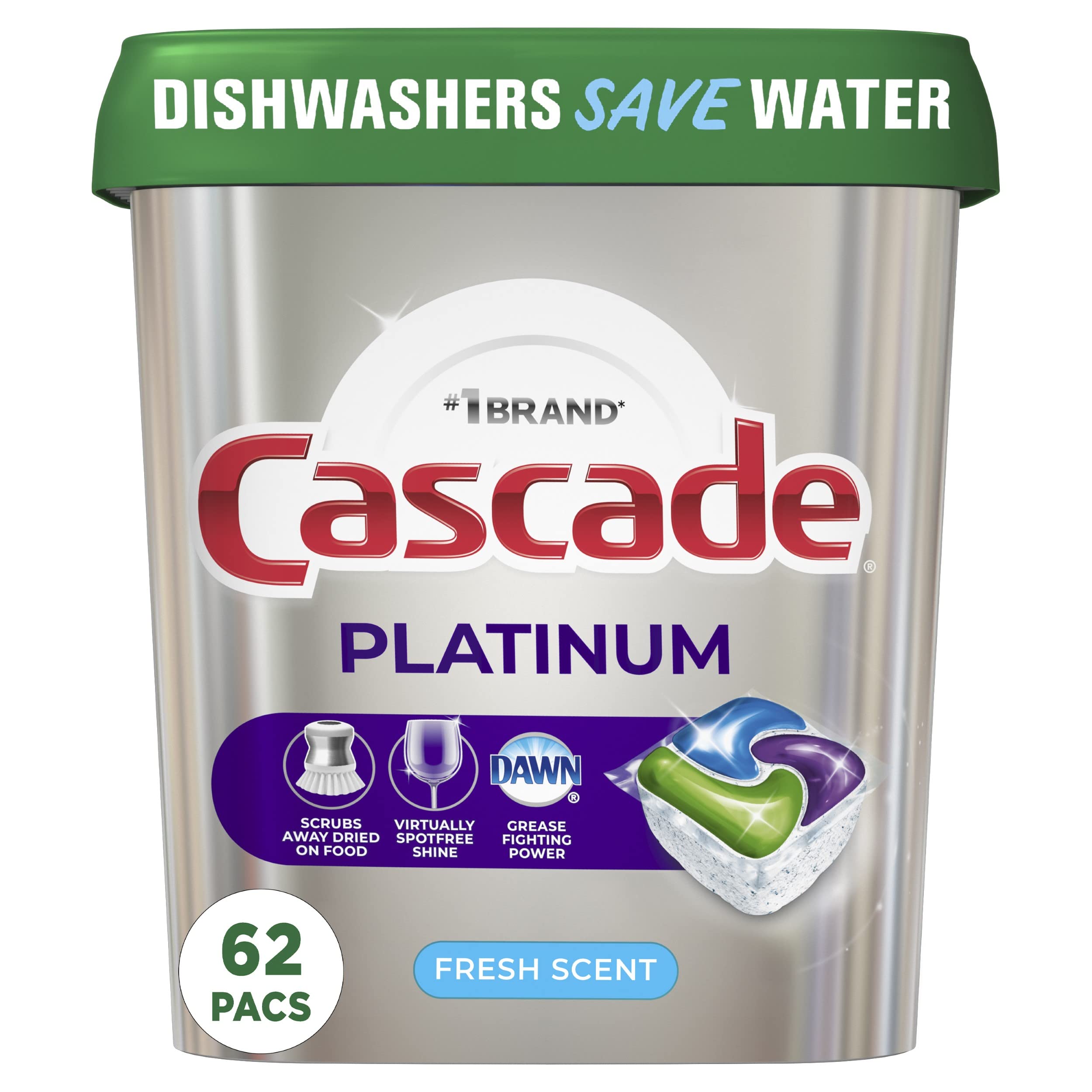 Cascade Platinum Dishwasher Pods 62 Count - Powerful Dishwasher Detergent with Cleaner & Deodorizer for Sparkling Clean Dishes - Fresh Scent Dishwashing Pods for Daily Use in Kitchens & Restaurants