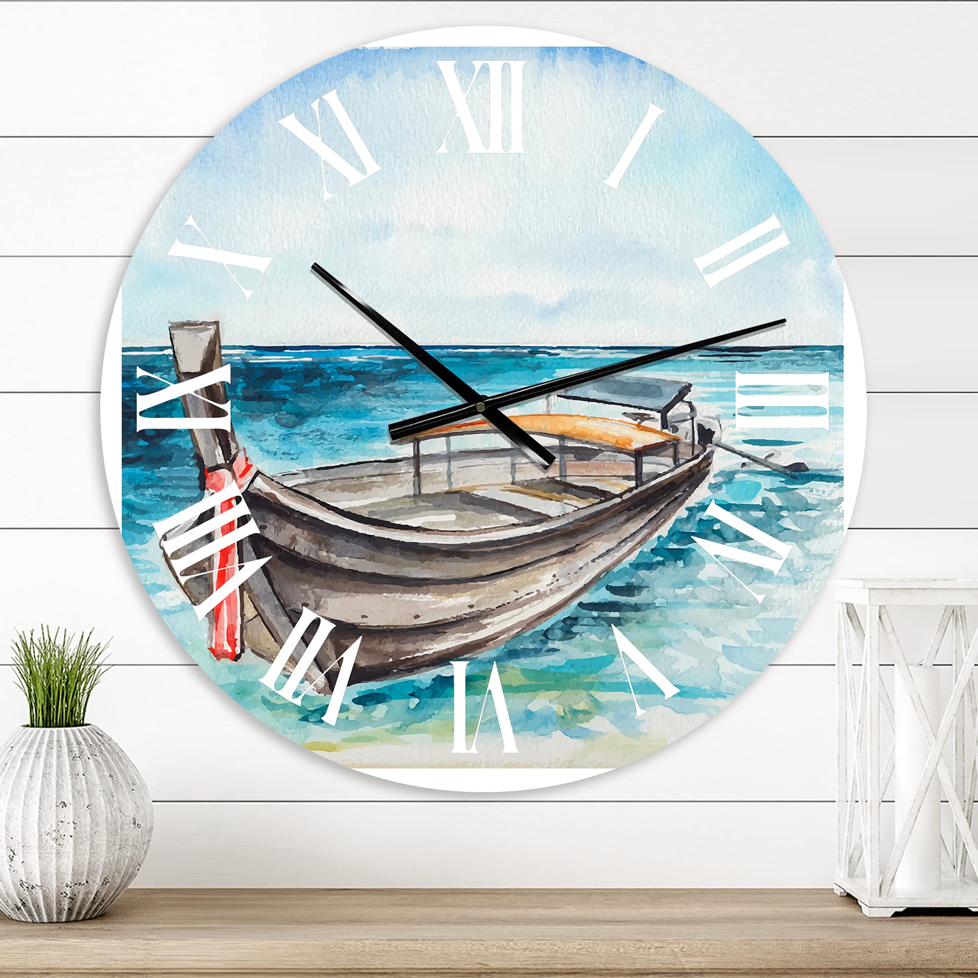 DesignQ Nautical Coastal Wall Clock - 12 Inch Round 'Little Boat at The Shore' Blue Decor for Living Room, Bedroom, Office | Perfect Beach House & Coastal Style Home Decor