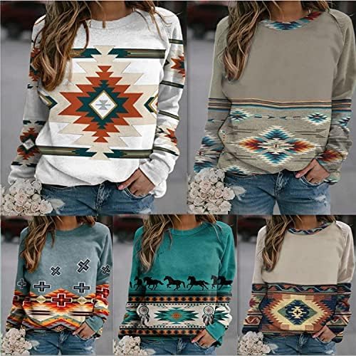 Aztec Sweatshirt Women - Retro Crewneck Long Sleeve Top for Casual Wear