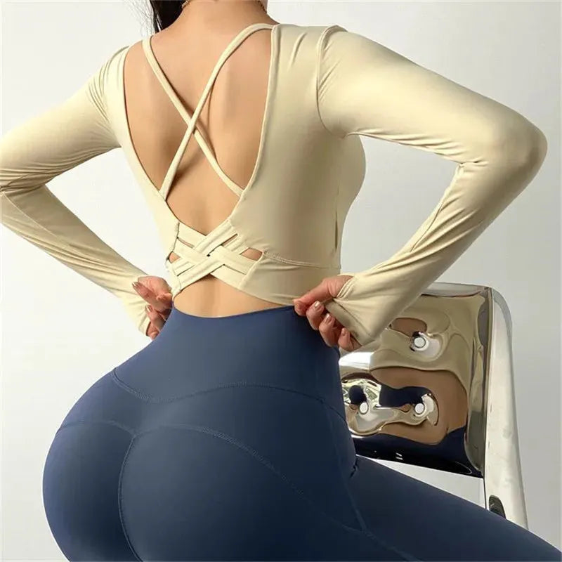 Women's High Elastic Inner Padded Sport T-Shirt - Sexy Back Long Sleeve Yoga Top for Fitness, Running & Workout - Breathable Gym Clothes for Yoga, Pilates & Cardio Training
