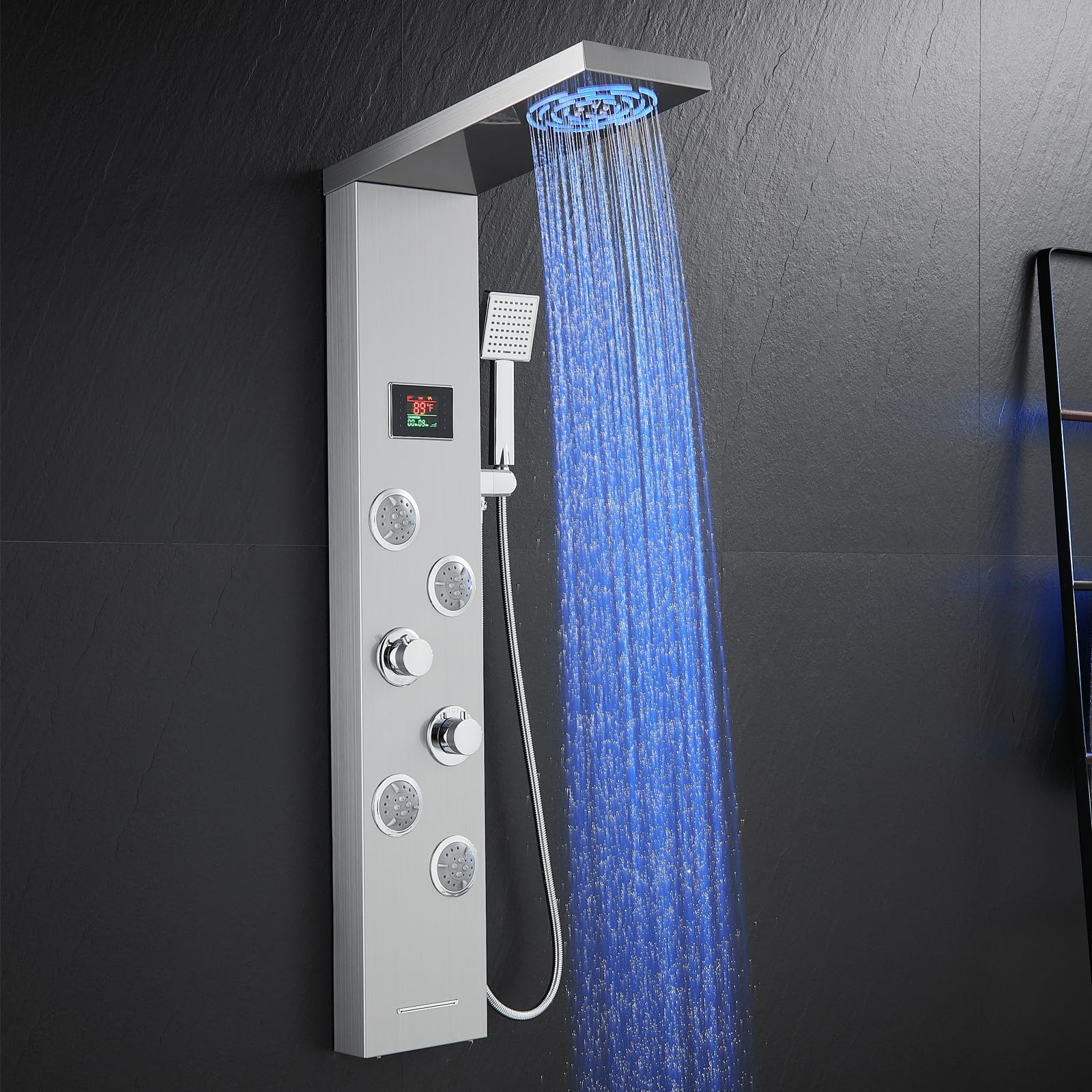 ROVOGO Stainless Steel LED Shower Panel Tower System - Rainfall Shower Head, Body Jets, Handheld Spray & Temperature Display | No Battery Needed | Luxury Bathroom Upgrade for Spa-Like Experience
