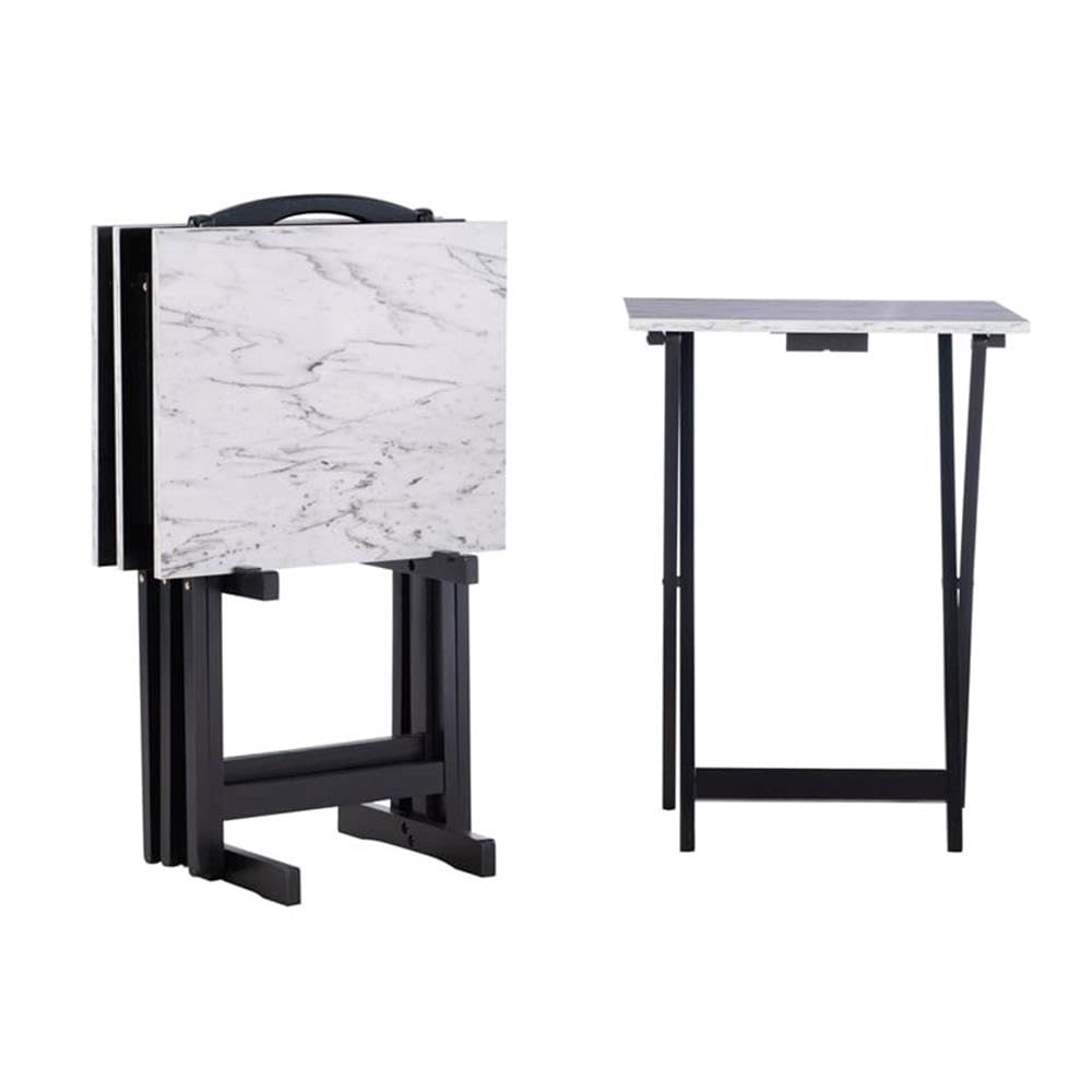 5-Piece Faux Marble & Wood Folding Tray Table Set with X-Legs & Storage Stand - White & Black Finish - Perfect for Living Room, Bedroom & Small Space Decor