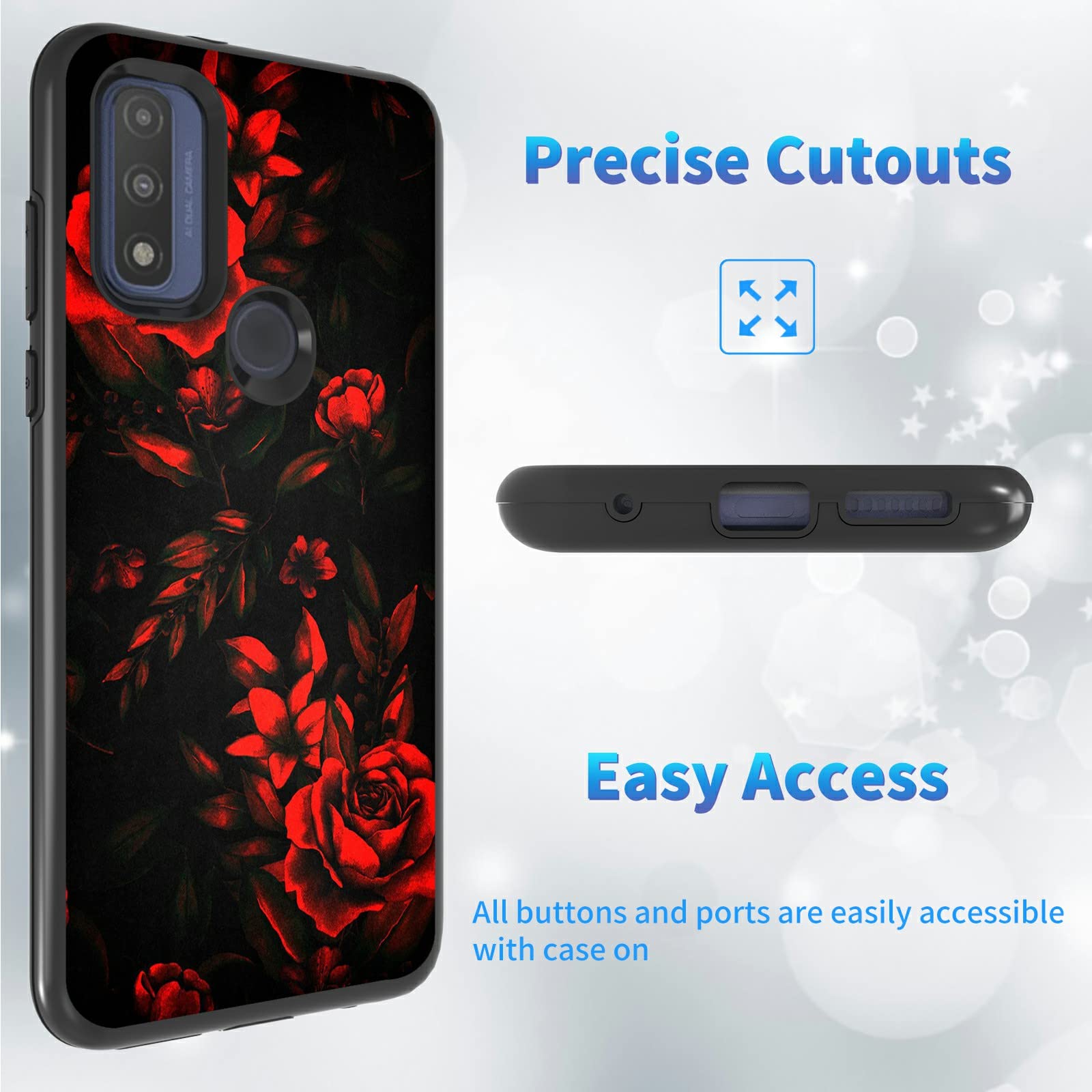 2 in 1 Shockproof Phone Case for Motorola Moto G Pure (2021) - Heavy Duty Dual Layer Hard PC & Soft Rubber Cover - Red Rose Art Design - Perfect for Women & Girls - Ideal for Everyday Protection, Outdoor Activities & Work