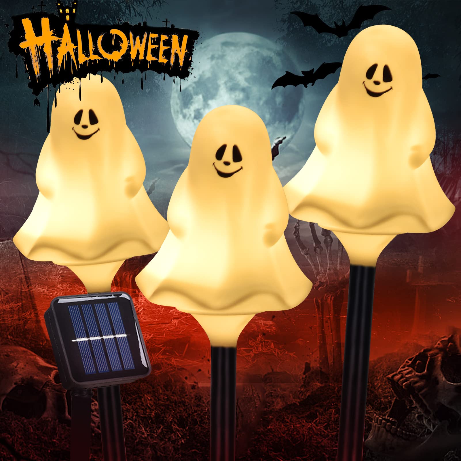 Solar Powered Halloween Ghost Stake Lights - Outdoor White LED Decoration for Pathway, Lawn, and Yard | Spooky Halloween Party & Garden Decor