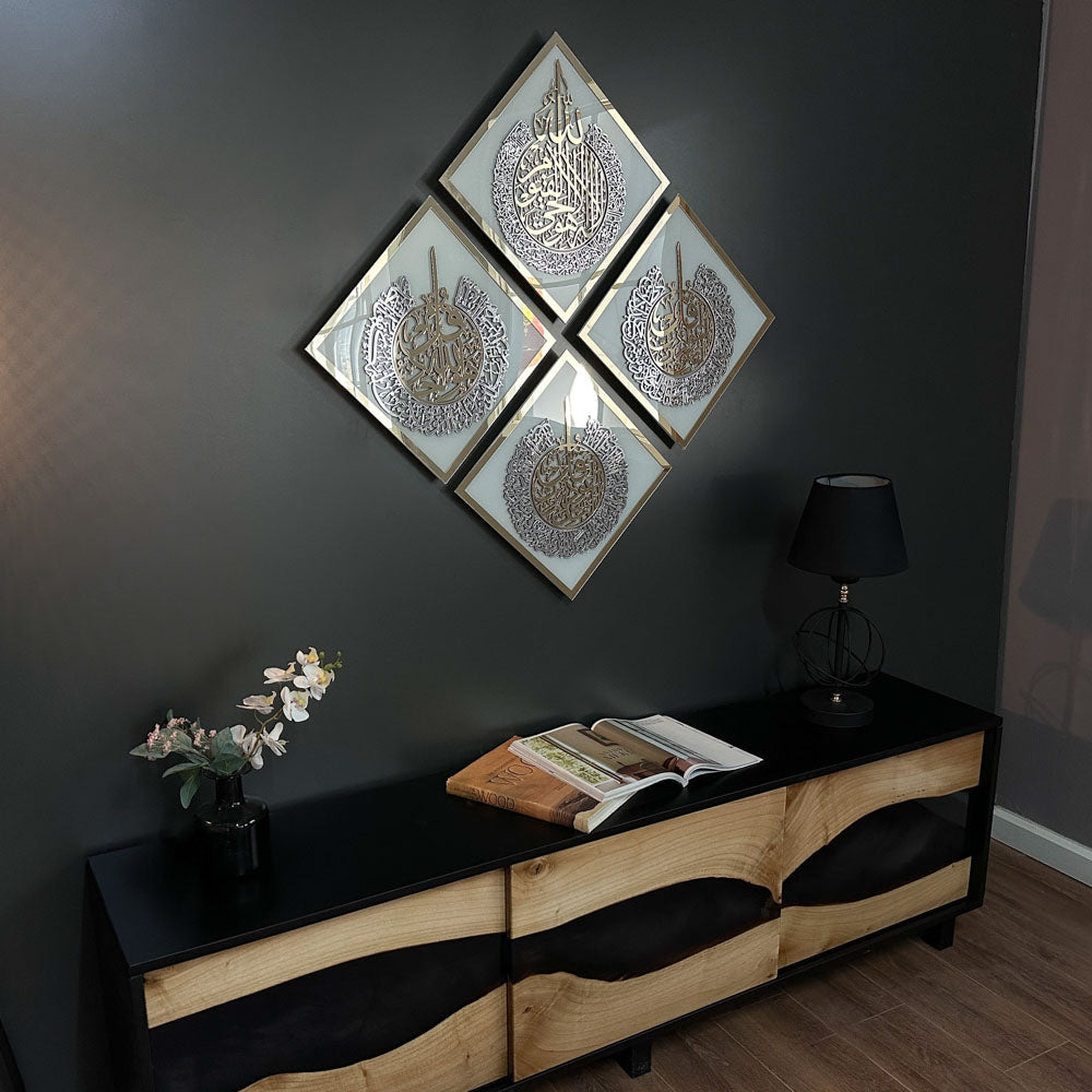 Islamic Wall Art - Diamond Shaped Ayatul Kursi, Surah Falaq, Nas & Ikhlas - Quranic Verse Home Decor for Muslim Prayer Room & Living Room