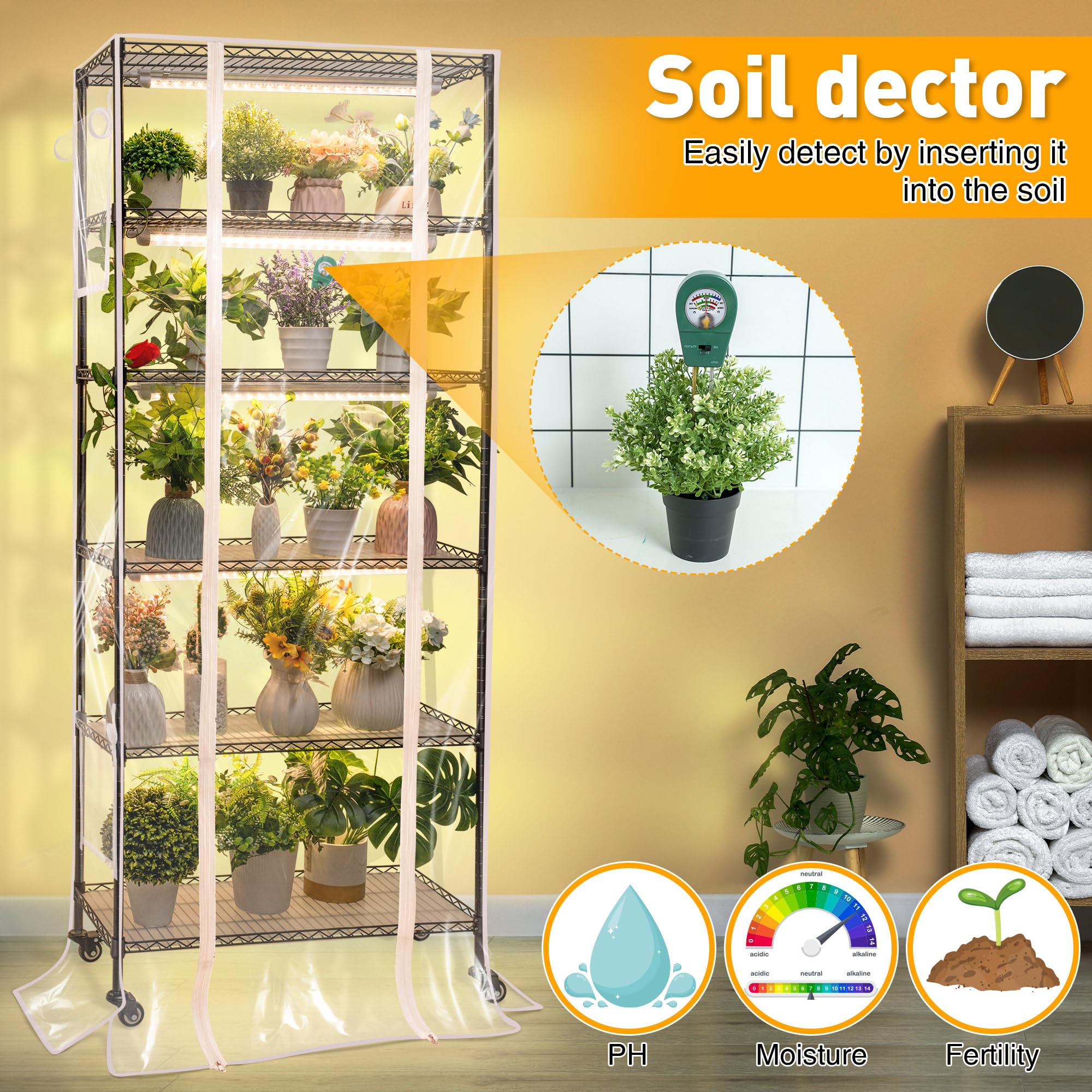 6 Tier Metal Plant Shelf with Grow Lights - 90W LED Indoor Greenhouse for Seed Starting, DIY Grow Rack with Cover, Timer, Thermometer & pH Meter | Perfect for Hydroponics, Herb Gardens & Small Space Gardening