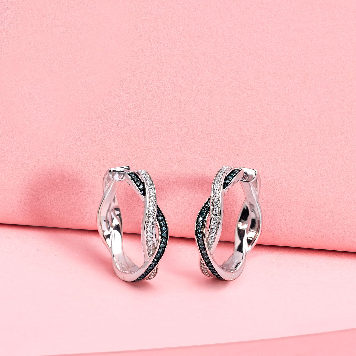 Jewelili Sterling Silver Twisted Hoop Earrings for Women - 1/6 CTTW Blue & White Diamond Studded Classic Hoops | Elegant Gift Box Included | Perfect for Weddings, Anniversaries & Special Occasions