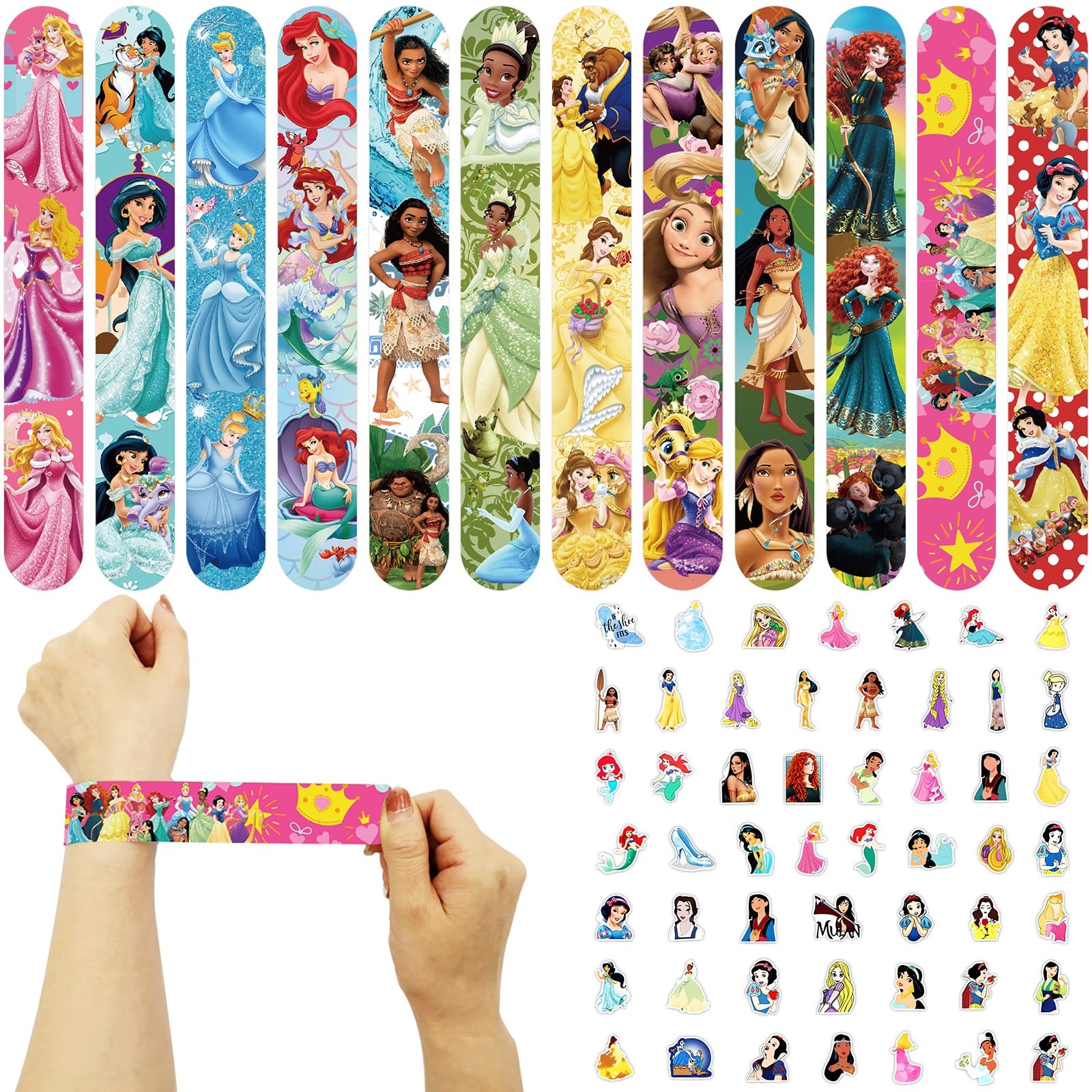 48 PCS Princess Slap Bracelets & 50 PCS Stickers - Princess Birthday Party Favors for Girls, Perfect for Birthday Parties, School Events & Goodie Bags