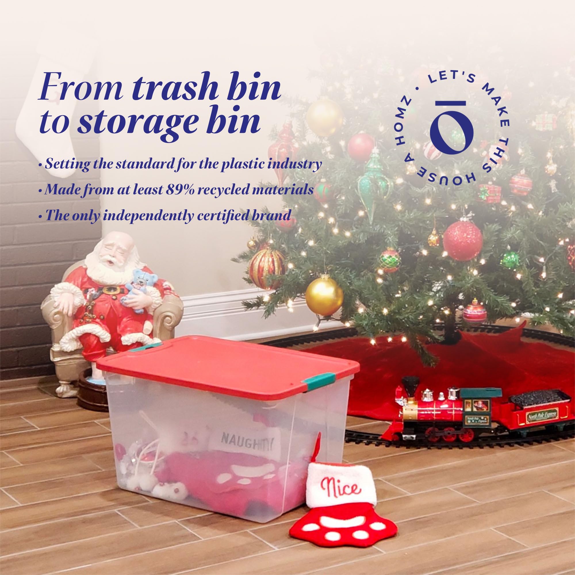 HOMZ 4-Pack 64 Quart Clear Plastic Storage Bins with Secure Red Lids - Stackable Organizer Containers for Home, Office, Garage & Closet Organization