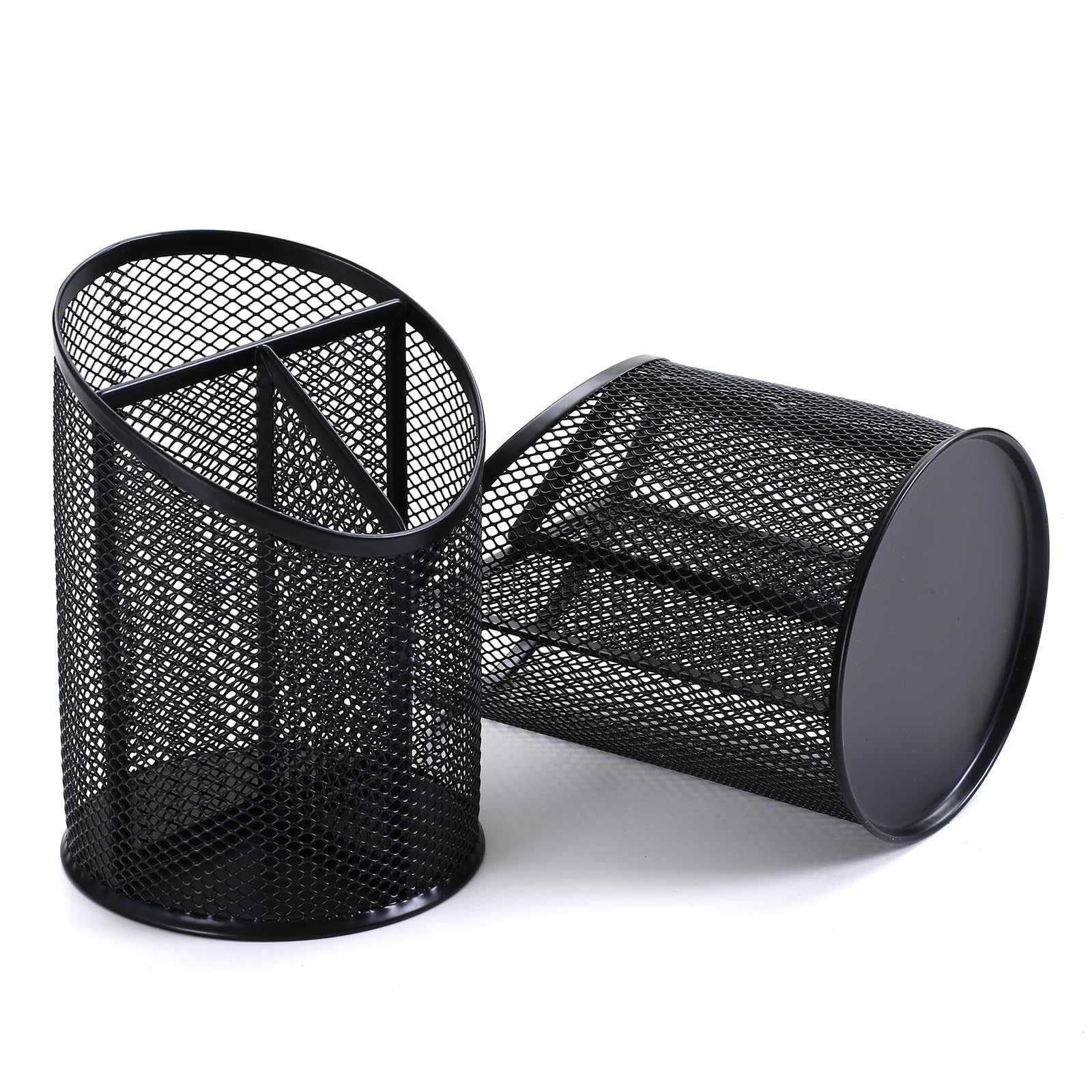 Nicunom 4 Pack Black Metal Mesh Pen Holder - Round Steel Desk Organizer with 3 Compartments for Pencils, Pens & Office Supplies | Perfect for Home, Office & School Organization