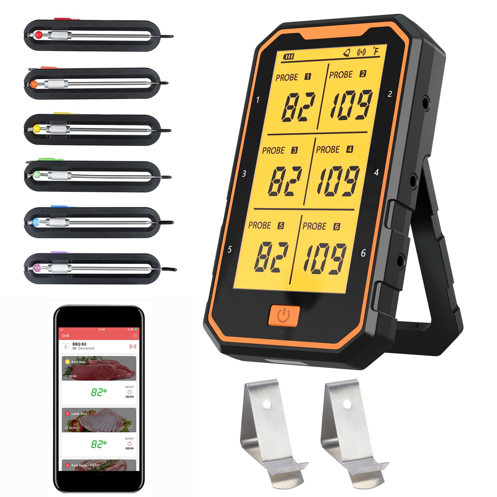 Wireless Bluetooth Meat Thermometer with 6 Probes - Digital BBQ Grill & Smoker Thermometer for Cooking, Turkey, Oven - APP Monitoring, Timer & Alarm - Perfect for Outdoor Grilling, Smoking, and Kitchen Use