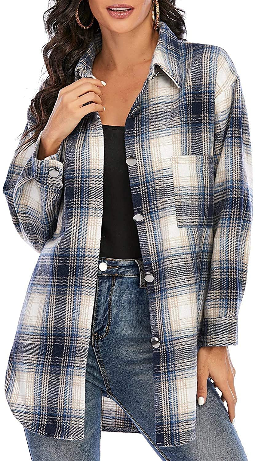 MECEKU Women's Oversized Flannel Plaid Shirt - Long Sleeve Button Down Blouse with Pockets | Casual Shacket for Fall & Winter Layering, Outdoor Activities and Cozy Loungewear