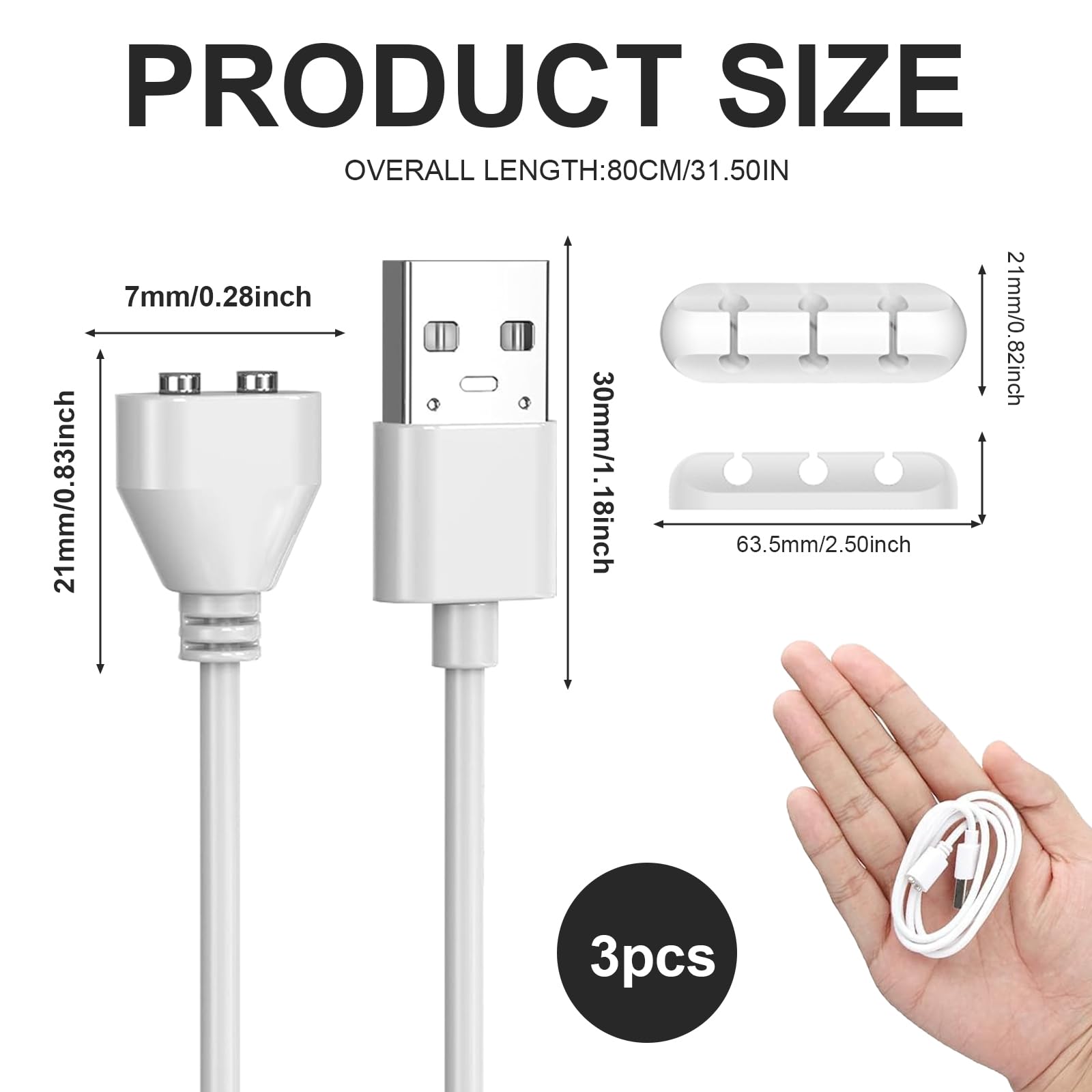 3-Pack Magnetic USB Charger Cable Replacement - 7mm Dual Pin 0.8m Charging Cord with Data Cable Organizer | Compatible with Wireless Massagers, Vibrators & Magnetic Port Appliances | Perfect for Home, Office & Travel Charging