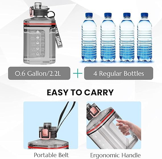 AWOKZA 2.2L/64oz Large Water Bottle with Time Marker - BPA Free, Leakproof Reusable Gallon Jug with Handle, Strap & Chug Lid - Perfect for Gym, Sports, Hiking, Travel and Outdoor Activities (Black)