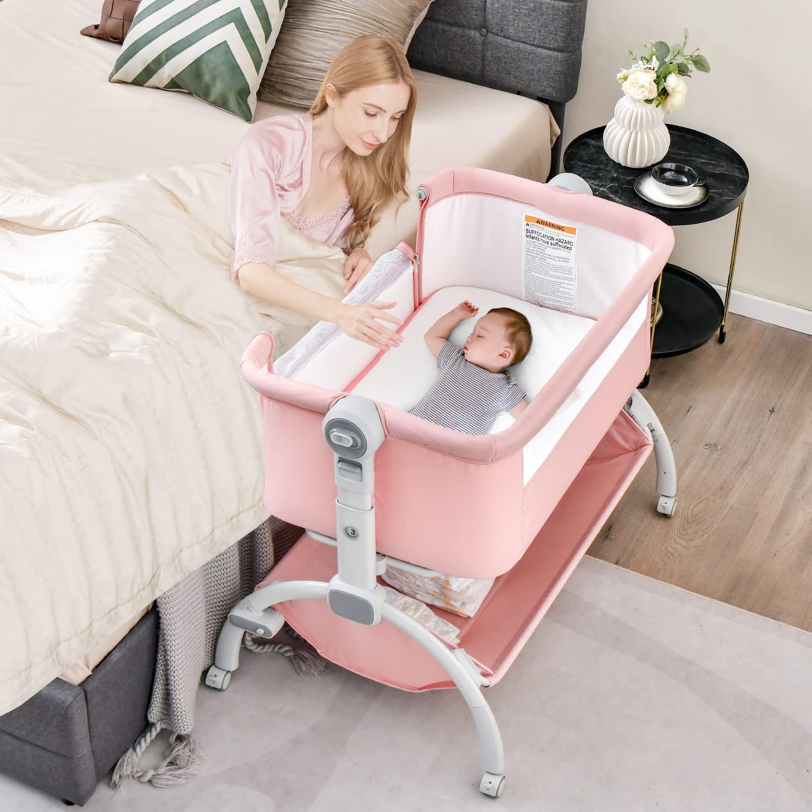 INFANS 3-in-1 Baby Bassinet & Bedside Sleeper with Adjustable Height - Portable Rocking Cradle for Newborns, Includes Wheels, Storage Basket & Travel Bag - Perfect for Nursery, Bedroom & Travel (Coral)