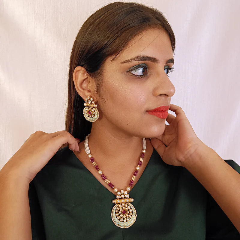 Luxury Gold Plated Royal Kundan Ruby Beads Pendant Necklace Set (D437) - Perfect for Weddings, Parties & Special Occasions