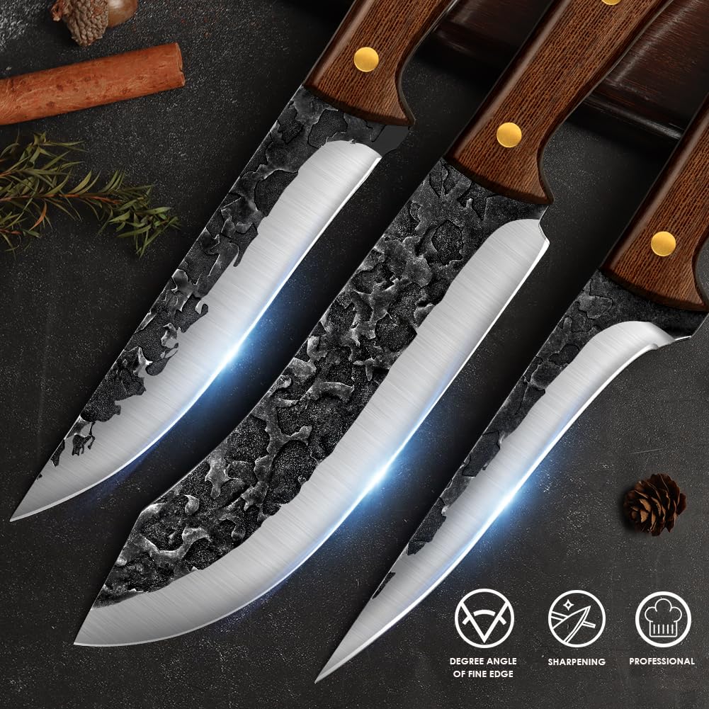 **UniqueFire 3-Piece Professional Chef Knife Set - High Carbon Steel Hand-Forged Kitchen Knives with Ergonomic Wood Handle - Sharp Butcher & Meat Cleaver Knives for Home & Restaurant - Perfect for Cooking, Slicing, and Meat Preparation**