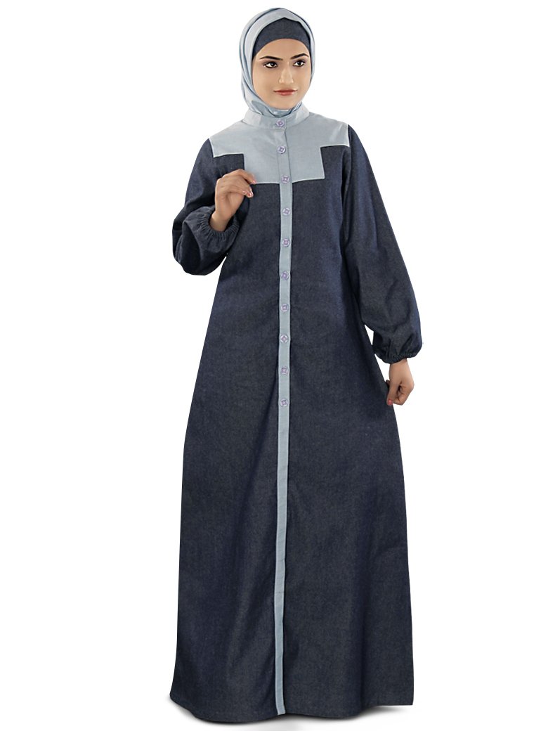Women's Islamic Front Open Sakinah Denim Jilbab - Modest Blue Abaya for Prayer & Daily Wear | Muslim Hijab for Work & Outdoor Activities