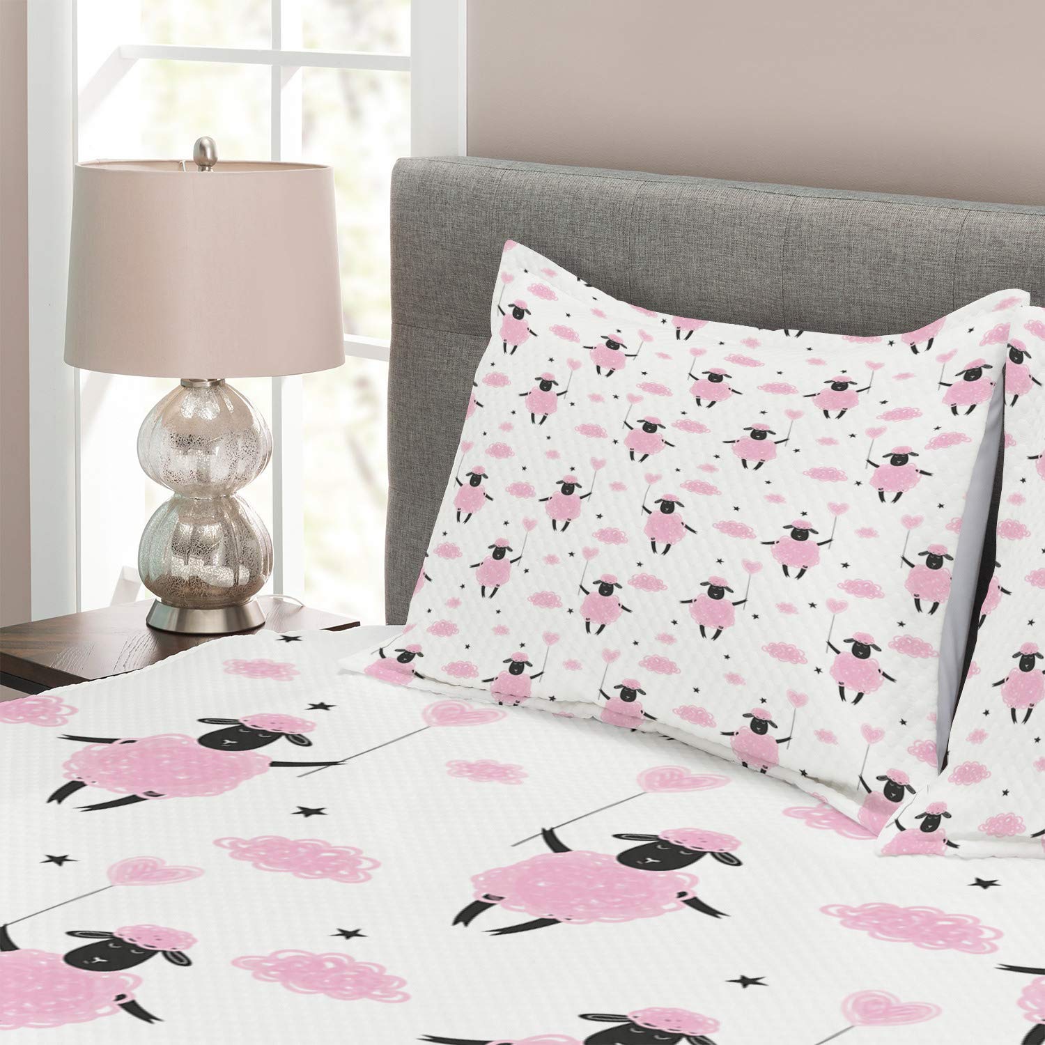 Lunarable King Size Sheep Bedspread Set - 3 Piece Cotton Candy Animal Fur Abstract Print Quilted Coverlet with 2 Pillow Shams, Soft White Pale Pink - Cozy Bedroom Decor for Modern Farmhouse & Bohemian Style Homes