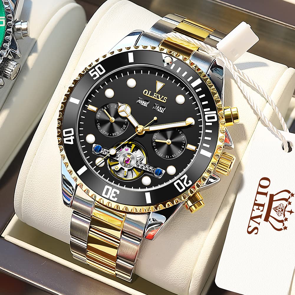 OLEVS Automatic Self-Winding Men's Watch - Classic Tourbillon Designer Stainless Steel Waterproof Luminous Wristwatch for Business, Casual & Formal Occasions
