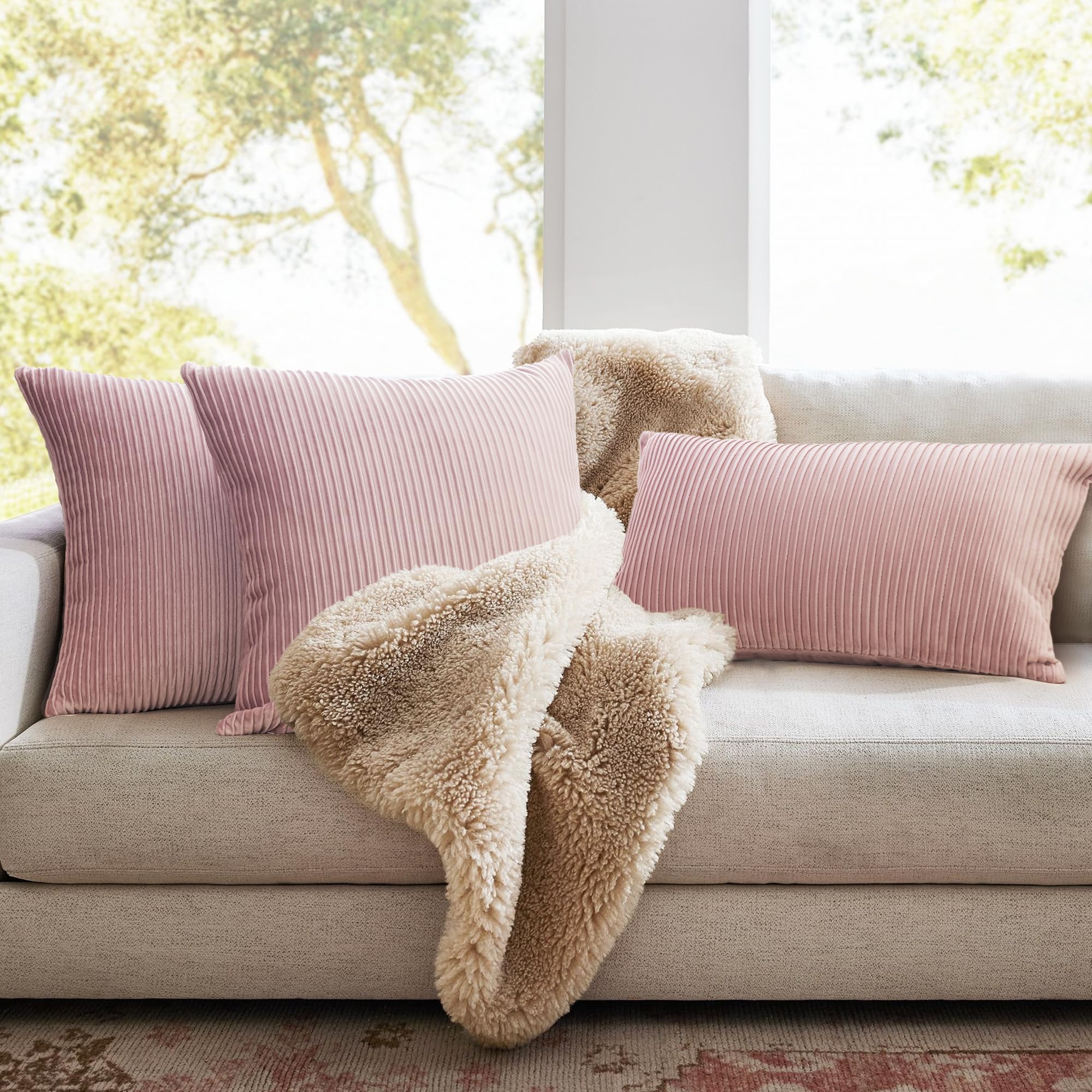YCOLL Dusty Pink Velvet Pillow Covers 18x18 Inch Set of 2 - Soft Striped Throw Pillow Cases for Sofa, Couch, Bed & Living Room Decor | Luxury Home Decorative Pillows for Cozy Living Spaces & Bedroom Accents