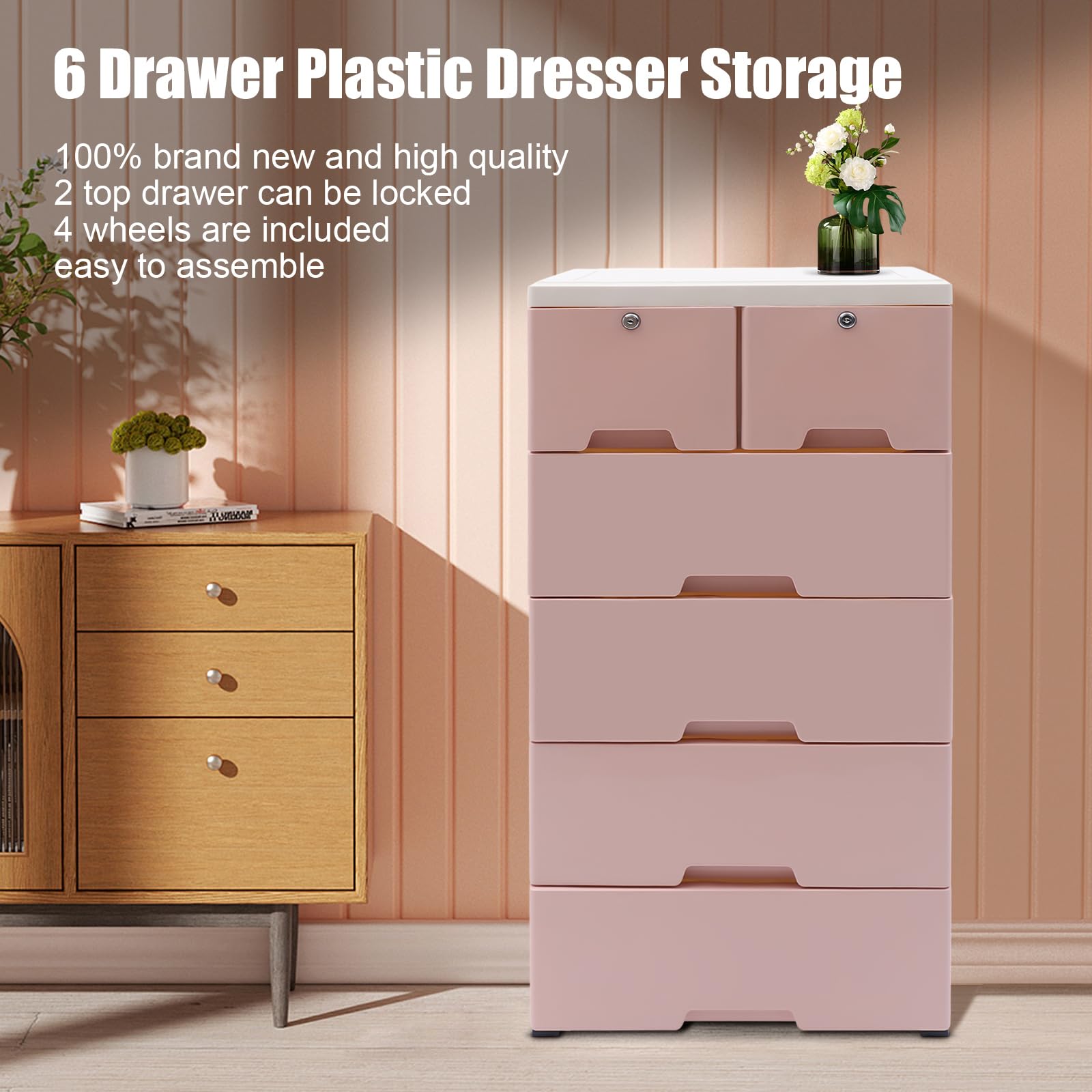 6-Drawer Plastic Storage Dresser Cabinet - Tall Vertical Closet Organizer for Clothes, Toys & Bedroom | Space-Saving Pink Furniture for Playroom, Dorm & Home Organization