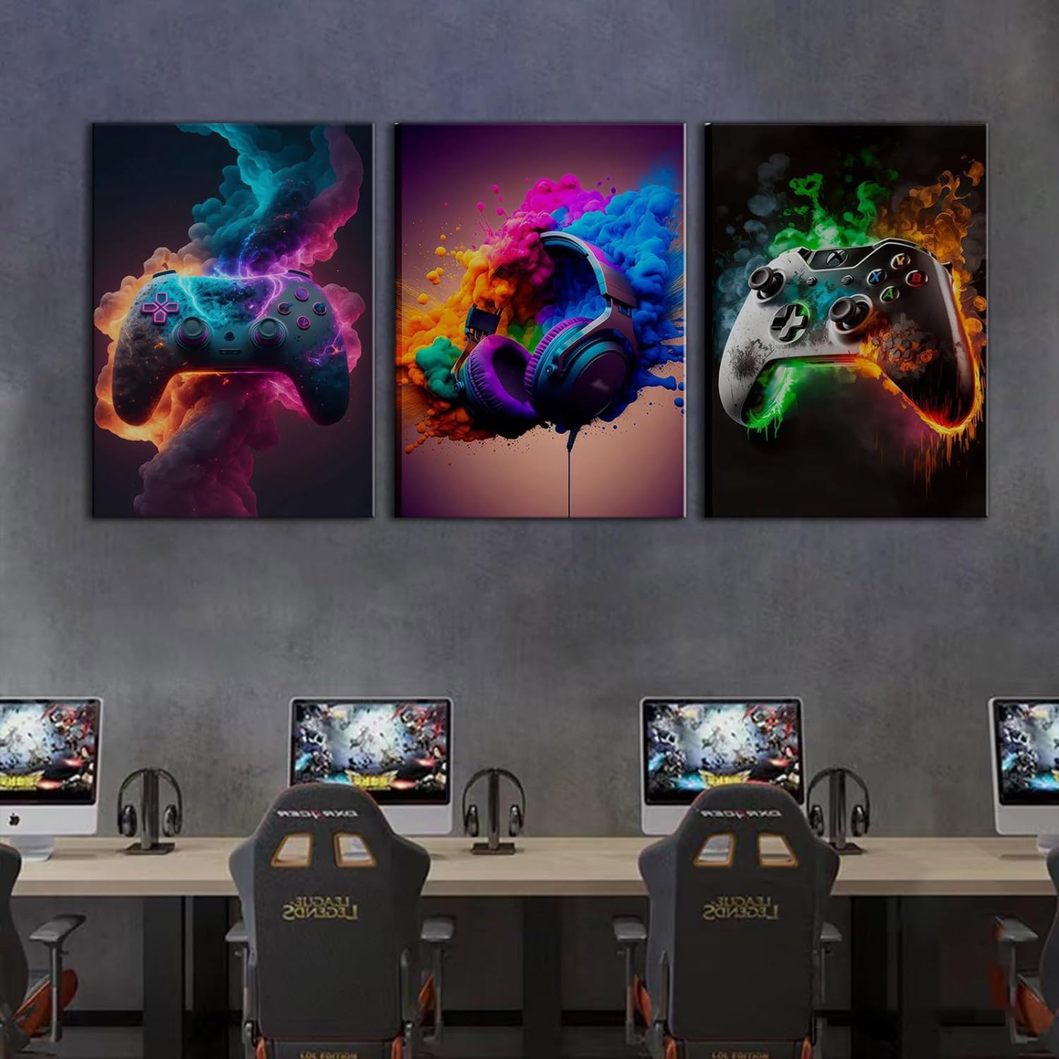 Gaming Room Decor Set of 3 - 12x16 Inch Framed Canvas Wall Art Posters for Teen Boys Bedroom | Video Game Themed Decorations for Gamers Room, Man Cave & Game Room Aesthetics
