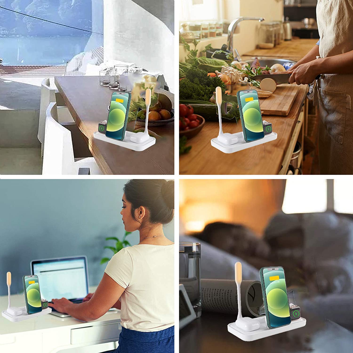 4-in-1 Super Space Wireless Charging Station with Night Light - Qi Fast Charger for iPhone 13/12/11/XR/XS/X/8, Samsung Galaxy - Perfect for Bedside, Office & Travel Charging