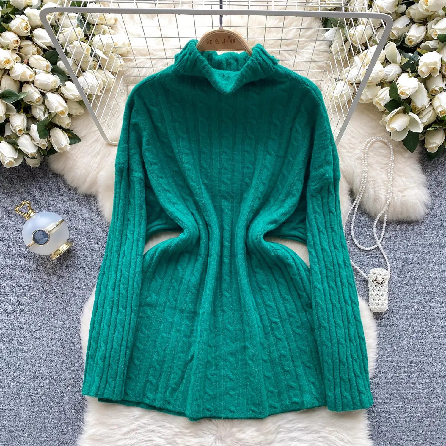 Women's Elegant High Neck Knit Sweater - Warm Winter Pullover with Long Sleeves, Loose Fit Crochet Top for Casual & Office Wear | Cozy Autumn Winter Fashion