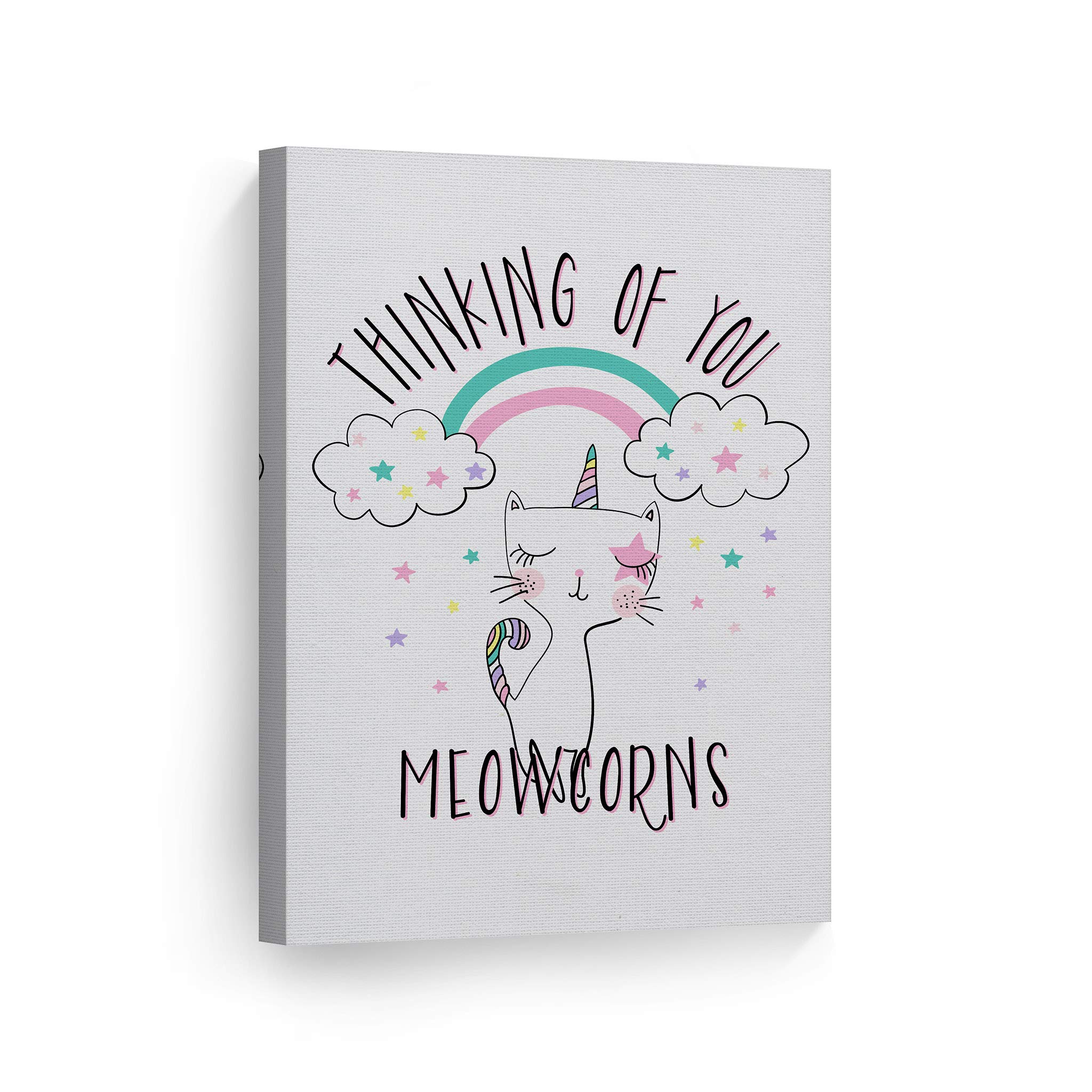 Thinking of You Meowcorns Quote Canvas Print - Unicorn Wall Art for Kids Room, Nursery & Baby Room Decor - Ready to Hang Made in USA (28x19) - Perfect for Birthday Gifts, Baby Showers & Playroom Wall Decor