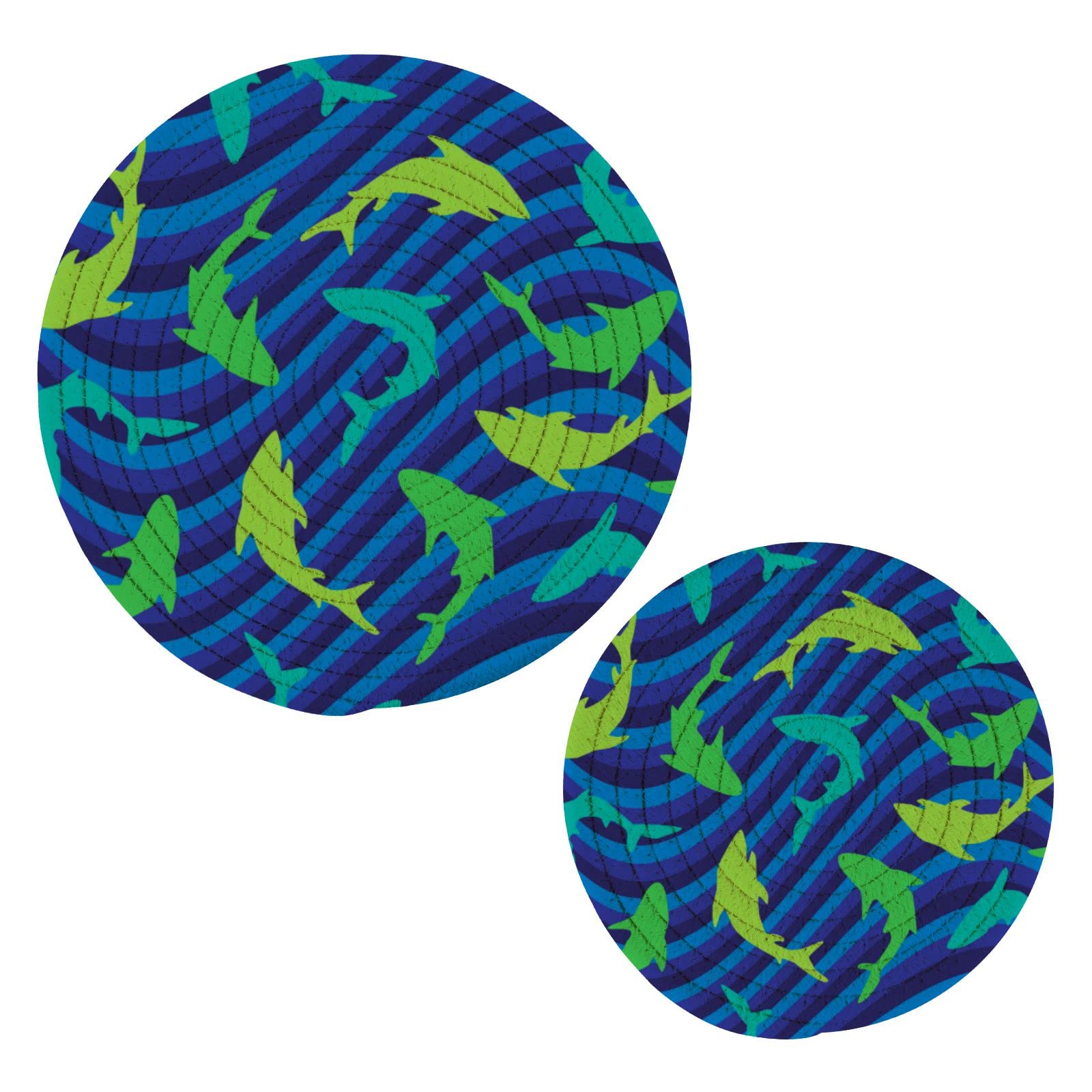 Blue Shark Waves Pot Holders & Trivets Set - 2PC Heat Resistant Kitchen Potholders, Thread Weave Hot Pads for Cooking, Baking & Decor - Perfect for Hot Dishes, Pans, Bowls & Teapots