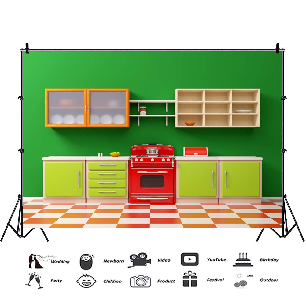 9x6ft Modern Green Wall Backdrop with Red Washing Machine & Green Cabinet - Vinyl Photo Studio Background for YouTube Videos, Stage Plays, Events - Perfect for Living Room & Kitchen Scenes, Content Creation & Professional Photography