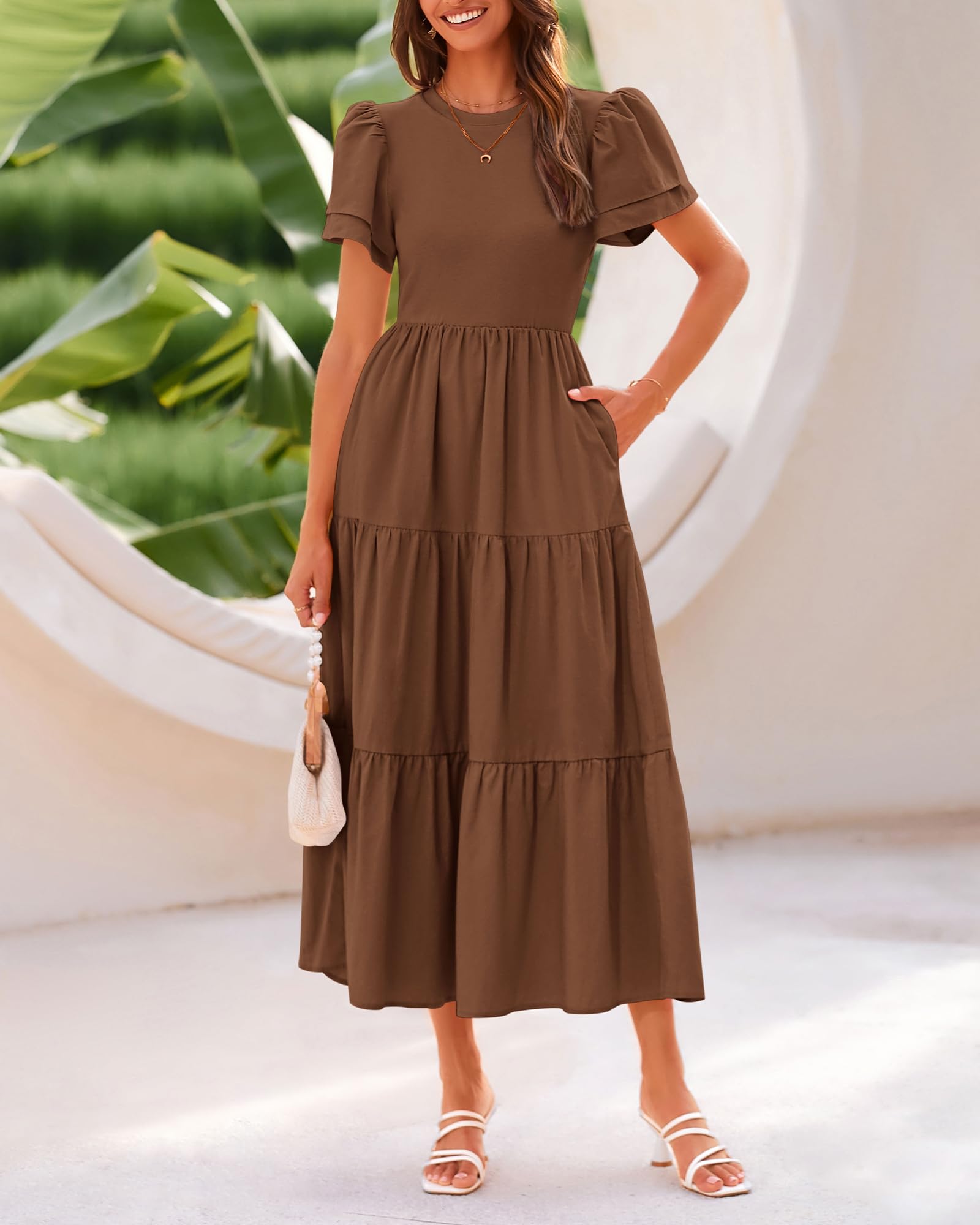 BTFBM Women's Casual Summer Dresses 2025 - Spring Crewneck Short Sleeve Tiered Flowy Boho Maxi Dress with Pockets for Beach Vacation & Outdoor Activities