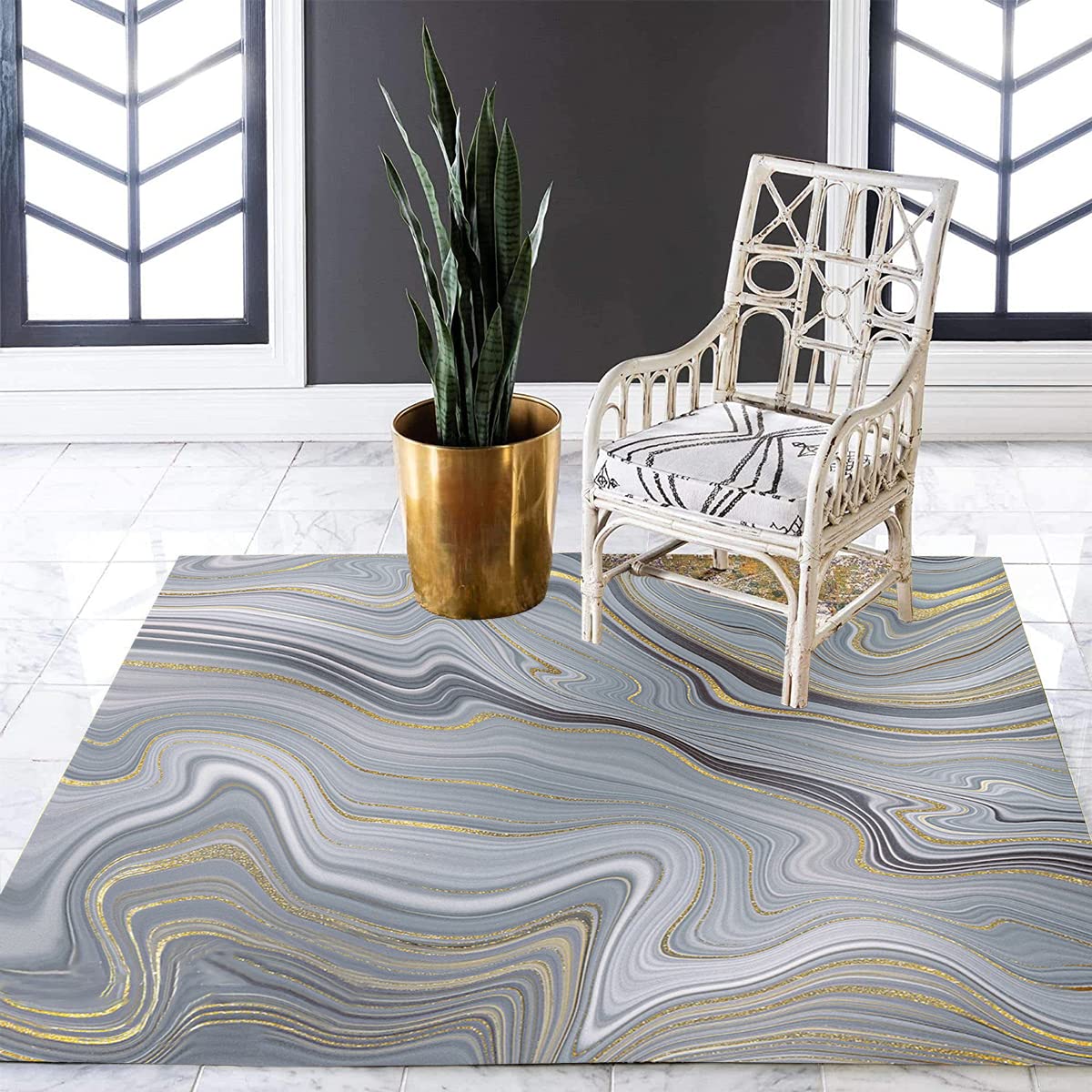 Silver Grey Gold Marble Swirl Square Area Rugs 8x8 - Soft Washable Modern Abstract Non-Slip Carpet for Living Room, Bedroom, Kitchen, Dining Room, Home Office - Perfect for Indoor Floor Covering and Runner Mats