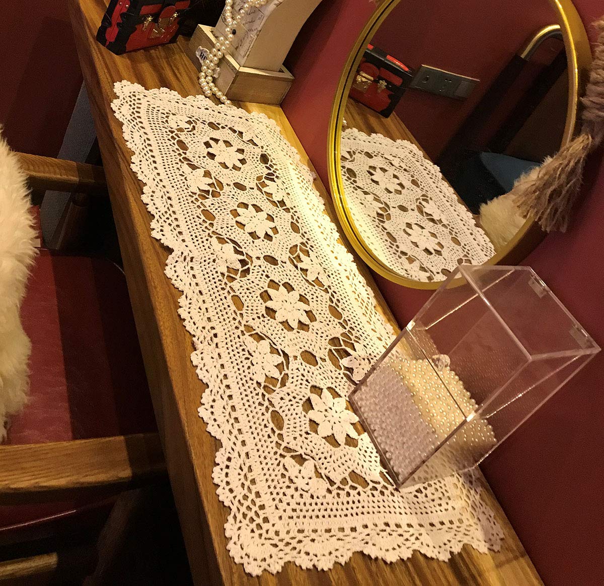 Handmade Beige Crochet Cotton Table Runner - 16x35 Inch Lace Doily for Dining Table, Dresser, or Wedding Decor - Elegant Rectangular Home Decor Scarf